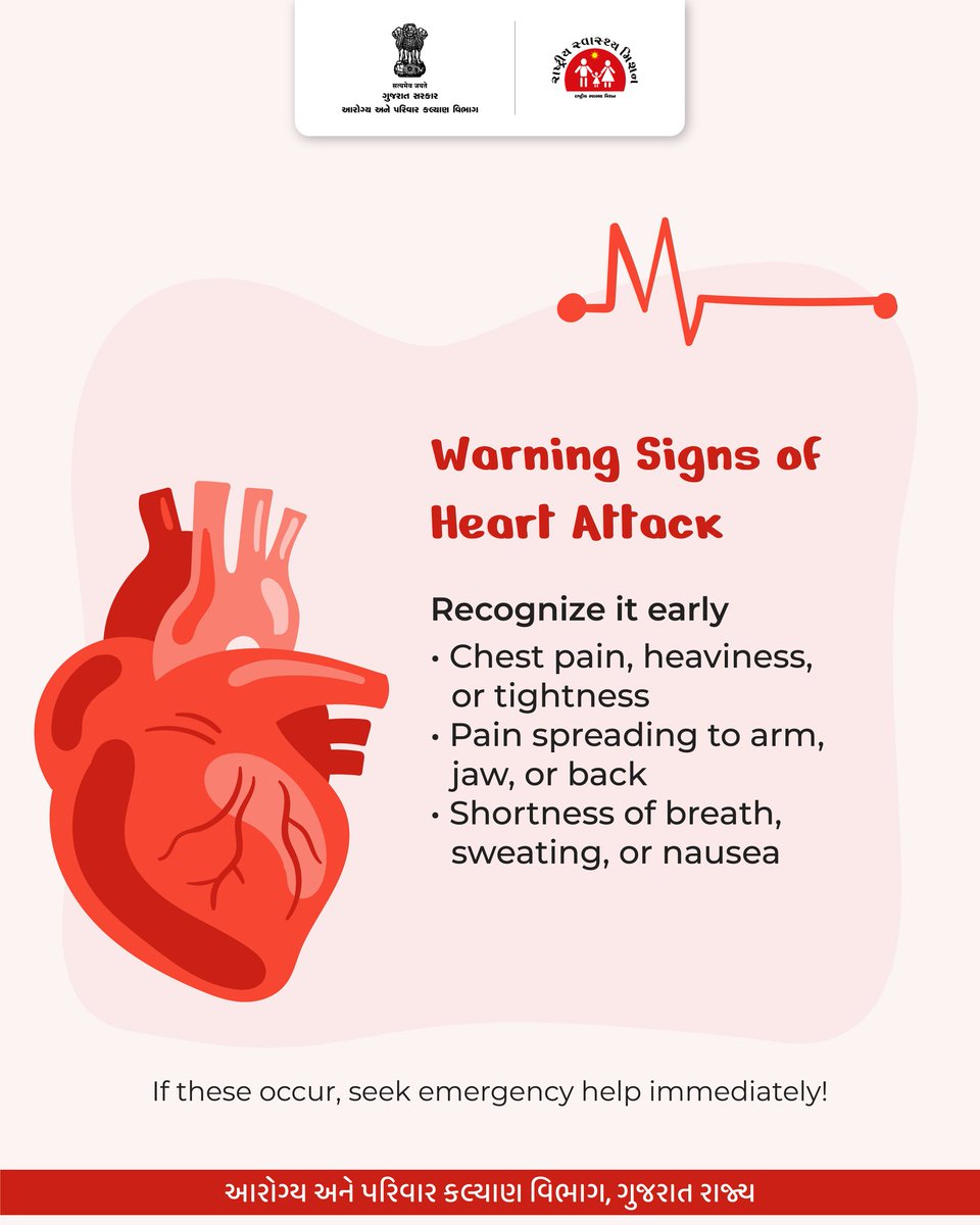 NHMGujarat's tweet image. Every heartbeat counts!
Small lifestyle changes today can prevent heart disease tomorrow.
#BeatHeartDisease 
#HealthForAll #HeartAttackAwareness #HealthyHeart 
#ActFAST #EatHealthy #HeartSmart 
#HealthyHeartHealthyLife #HealthyGujarat #GOG
@CMOGuj
@MoHFW_INDIA 
@JPNadda