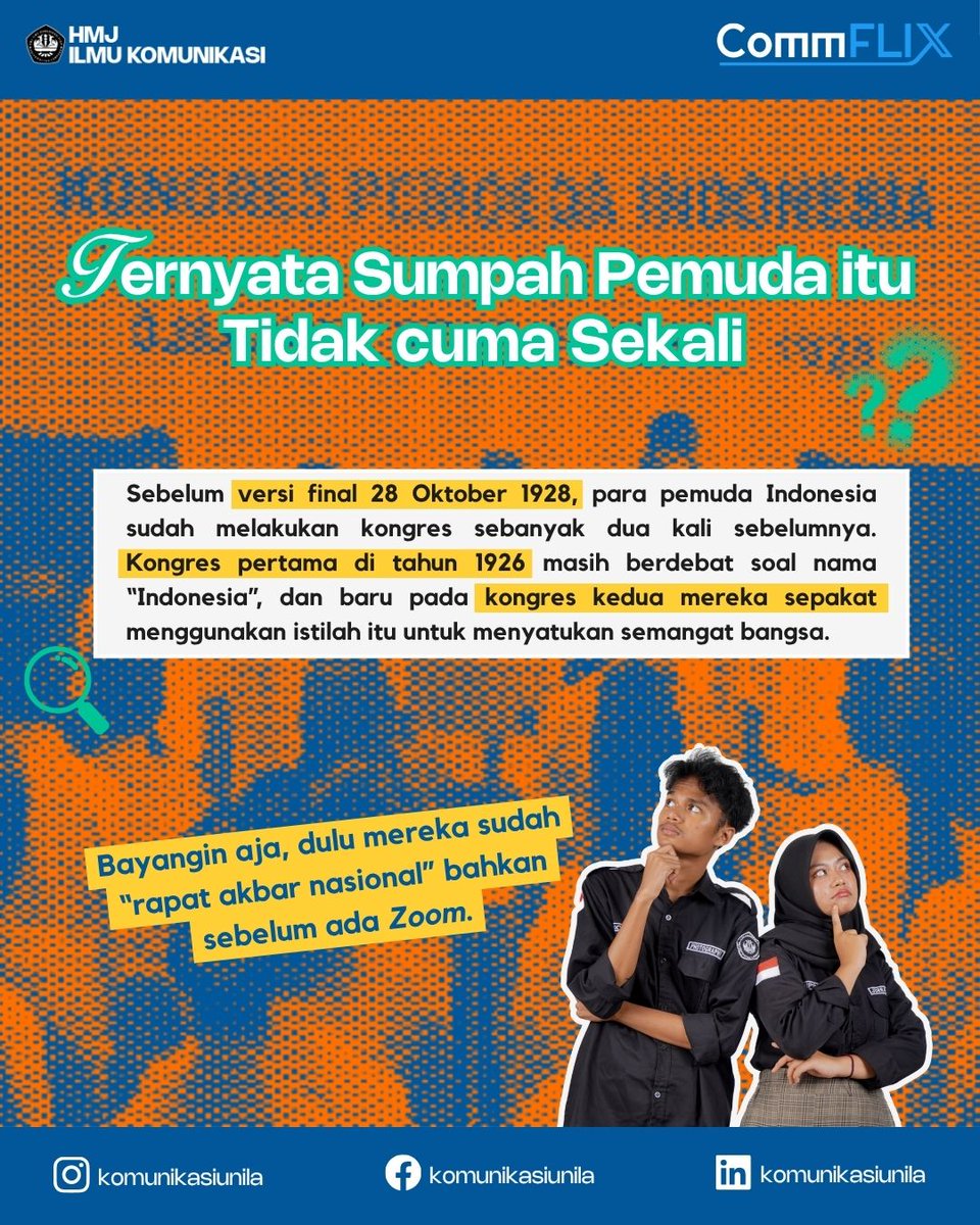komunikasiunila's tweet image. Hi Commers!
Tau gak sih, Sumpah Pemuda yang kita peringati setiap 28 Oktober ternyata punya beberapa fakta menarik yang jarang dibahas, lho! Biar gak cuma hafal teksnya aja, yuk kenalan sama sejarahnya lewat #FunFact kali ini!

#CommX #CommFLIXsolution #Communila