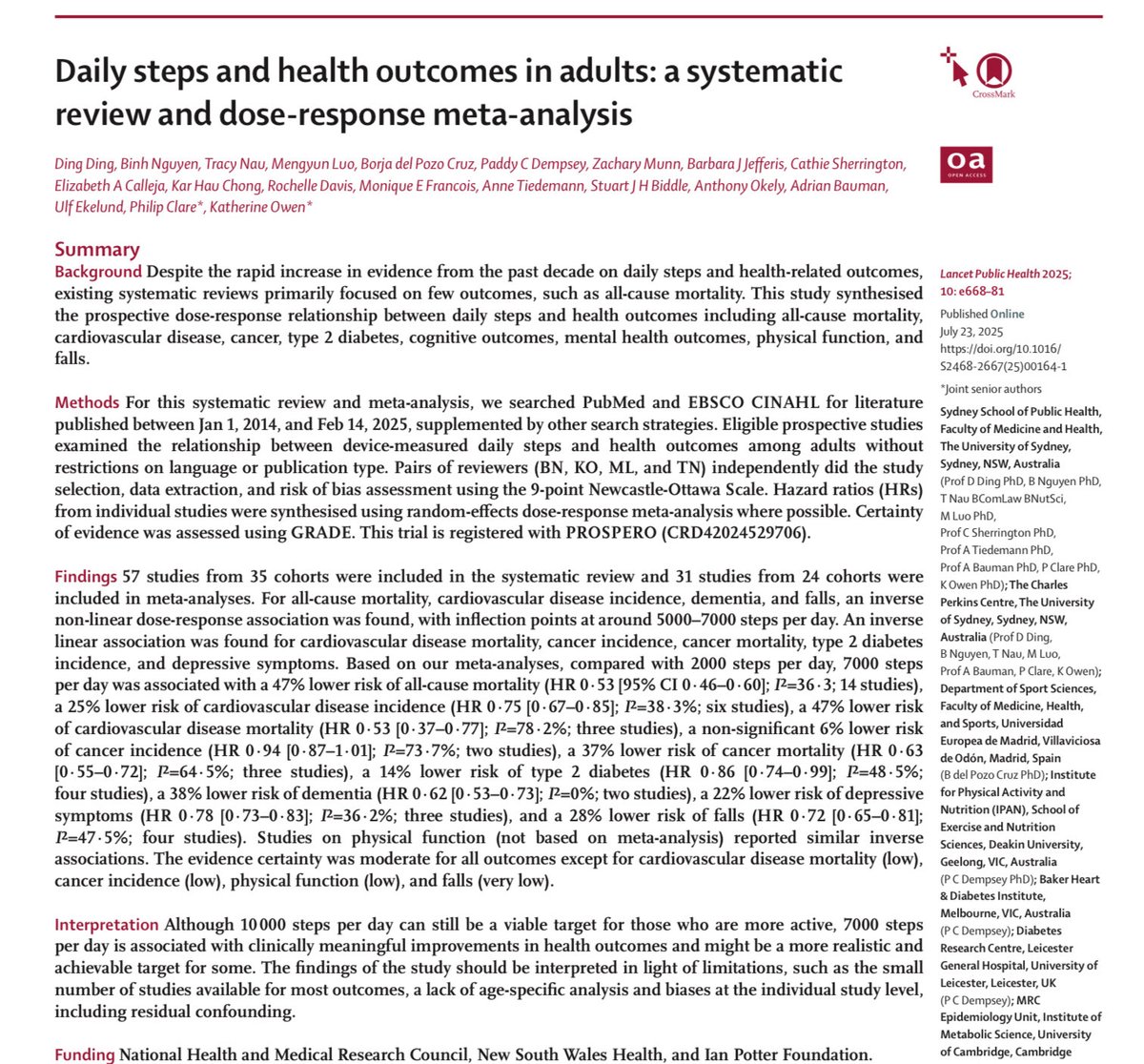 Daily steps and health outcomes in adults: a systematic review and dose-response meta-analysis thelancet.com/journals/lanpu…
Although 10000 steps per day can still be a viable target for those who are more active, 7000 steps per day is associated with clinically meaningful improvements