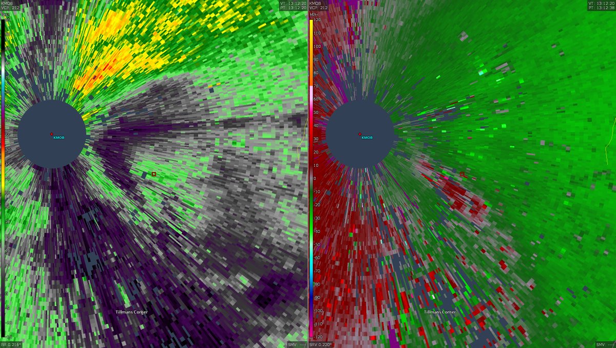 Goofy thing right next to KMOB a few minutes ago. Not sure if it actually tornadoed but a quite interesting looking mesocyclone