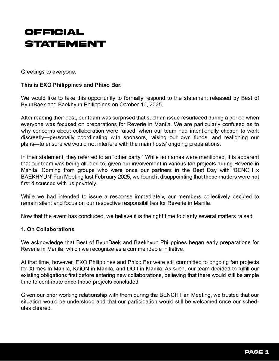 EXOPhils's tweet photo. OFFICIAL STATEMENT by @EXOPhils
and @PhixoBar

Our intent in releasing this statement is not to reignite conflict but to clarify our side of the story — respectfully and truthfully. https://t.co/omXbTxs0MW