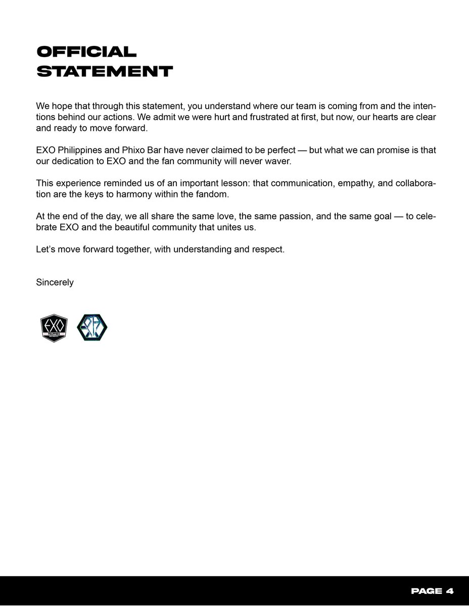 EXOPhils's tweet photo. OFFICIAL STATEMENT by @EXOPhils
and @PhixoBar

Our intent in releasing this statement is not to reignite conflict but to clarify our side of the story — respectfully and truthfully. https://t.co/omXbTxs0MW