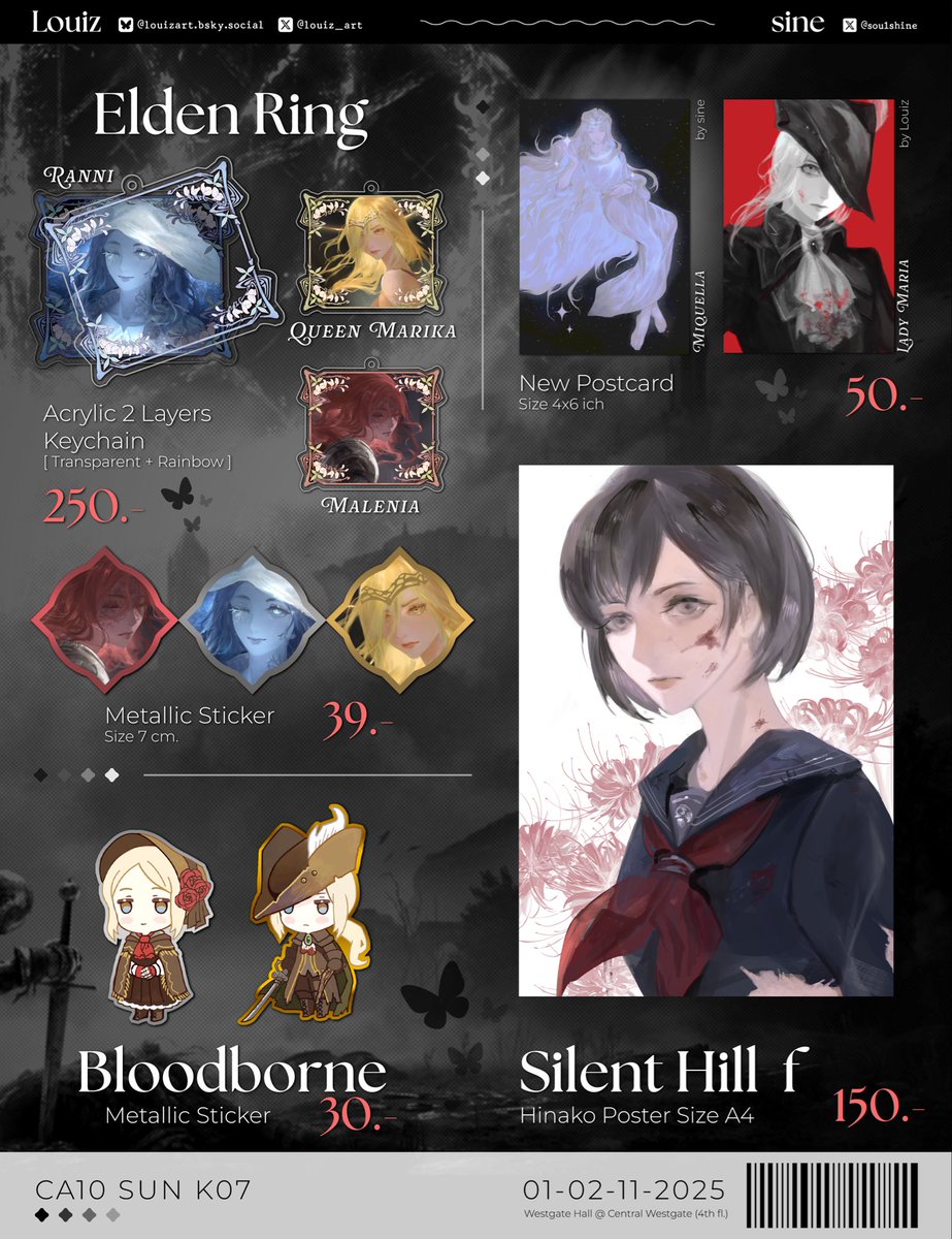 Lianzo_illust's tweet photo. [ 𝘙𝘛 &amp; 𝘓𝘪𝘬𝘦 𝘢𝘱𝘱𝘳𝘦𝘤𝘪𝘢𝘵𝘦 🌹]
 #CA10_SUN #ComicAvenue10 #CA10 

Booth K07 MENU | Game fandom

𝘕𝘪𝘦𝘙 𝘈𝘶𝘵𝘰𝘮𝘢𝘵𝘢 ◽️ 𝘌𝘭𝘥𝘦𝘯 𝘙𝘪𝘯𝘨 🗡️𝘉𝘭𝘰𝘰𝘥𝘣𝘰𝘳𝘯𝘦 🩸 Silent Hill f 🥀

. ݁₊ ⊹ . ݁ ⟡ ݁ . ⊹ ₊ ݁.

2 November 2025
Westgate hall 4th. https://t.co/mKusm815gM