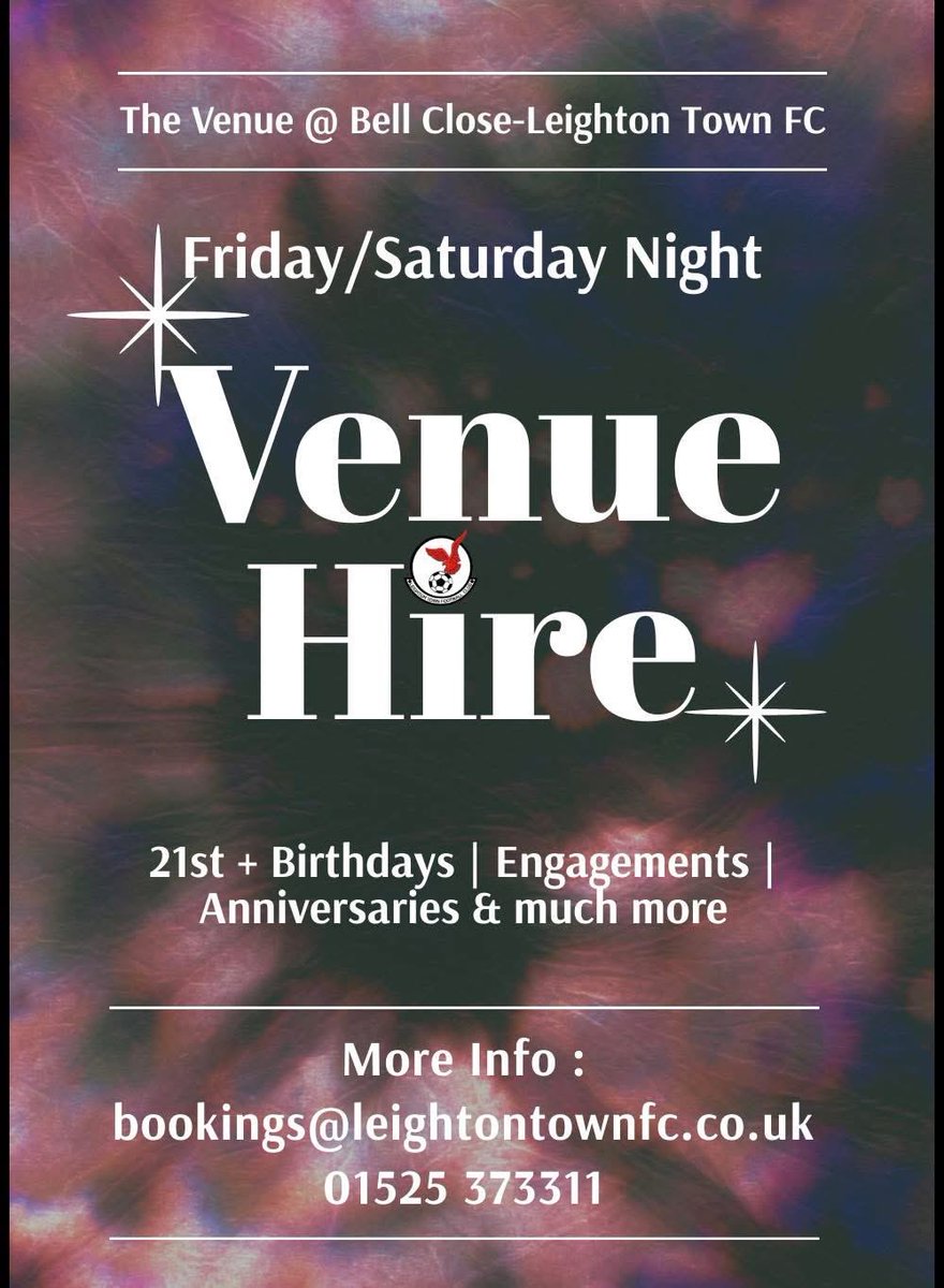 Looking for a local venue in Leighton Buzzard?

Why not hire our 100-160 capacity venue with fully stocked licensed bar and friendly bar staff for your private party! 

You don’t need to be a member to hire just get in touch !!
email bookings@leightontownfc.co.uk