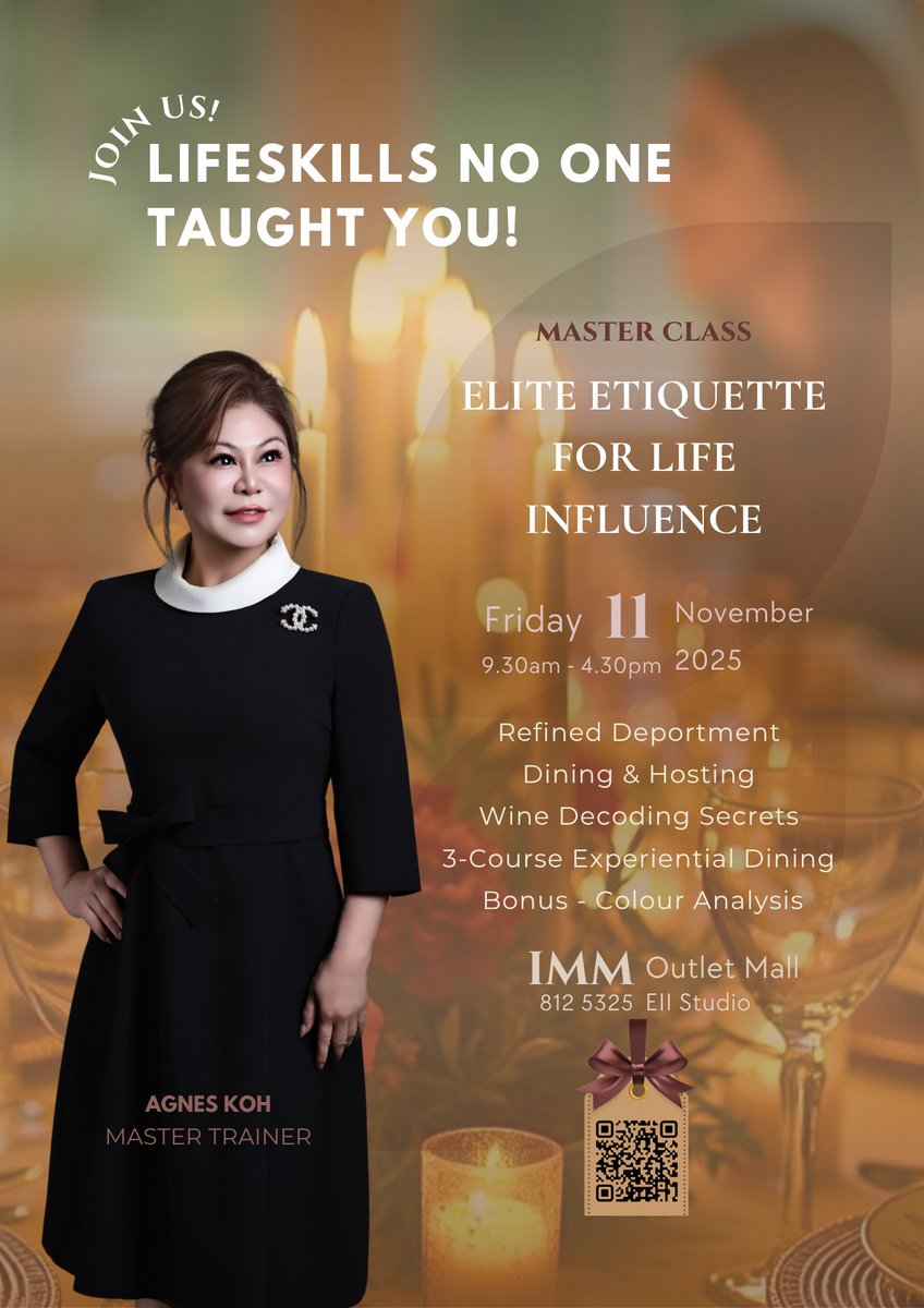 EtiqImage's tweet photo. @etiqimage 
💫 Life Skills They Don’t Teach You! But You’ll Need Every Day! Social intelligence is as crucial as technical expertise. It's about feeling natural, not performative. 🌷 Real, kind, and street wise in every situation.🌸 VIP Travel learning, this Nov, in Singapore. https://t.co/tuGHhnwqsq