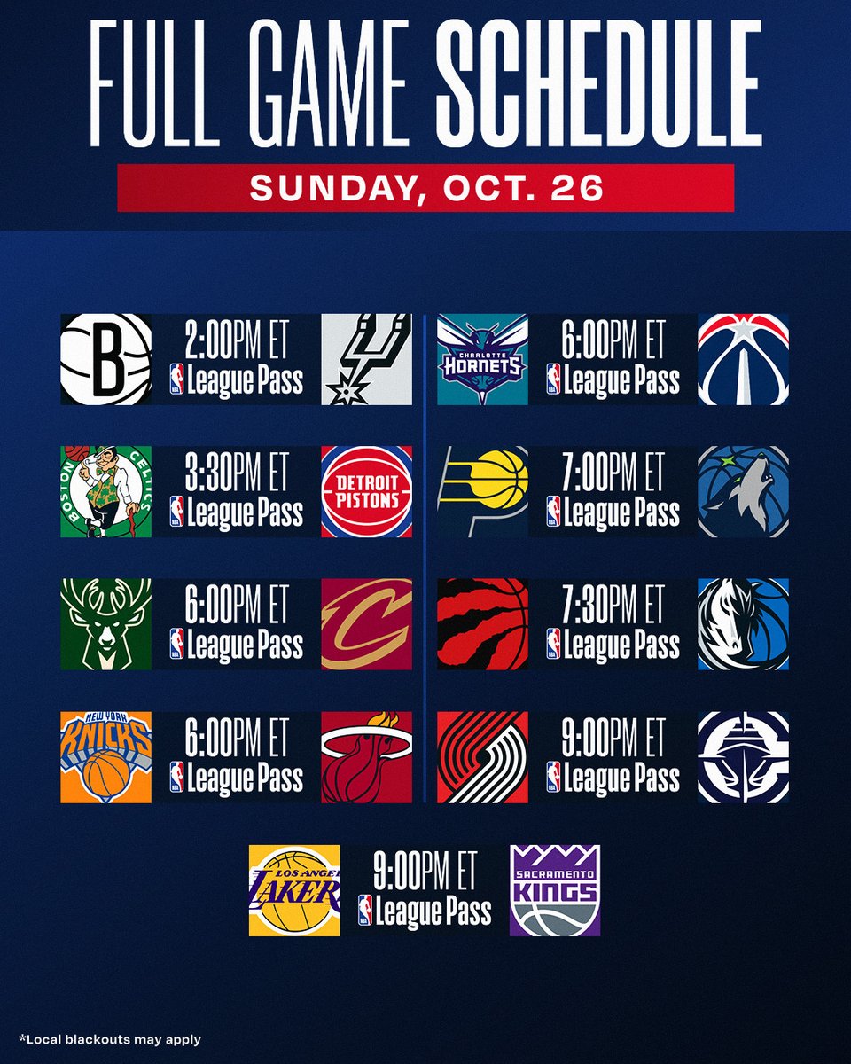 STACKED 9-GAME SUNDAY SLATE 🍿
🏀 Wemby follows up 29p/11r/9b performance
🏀 Greek Freak vs. Spida in Cleveland
🏀 Luka back in action with 92 over 2 games
🏀 Spurs, Bucks, Knicks seeking 3-0 starts
@AmericanExpress NBA Tip-Off continues on NBA League Pass!