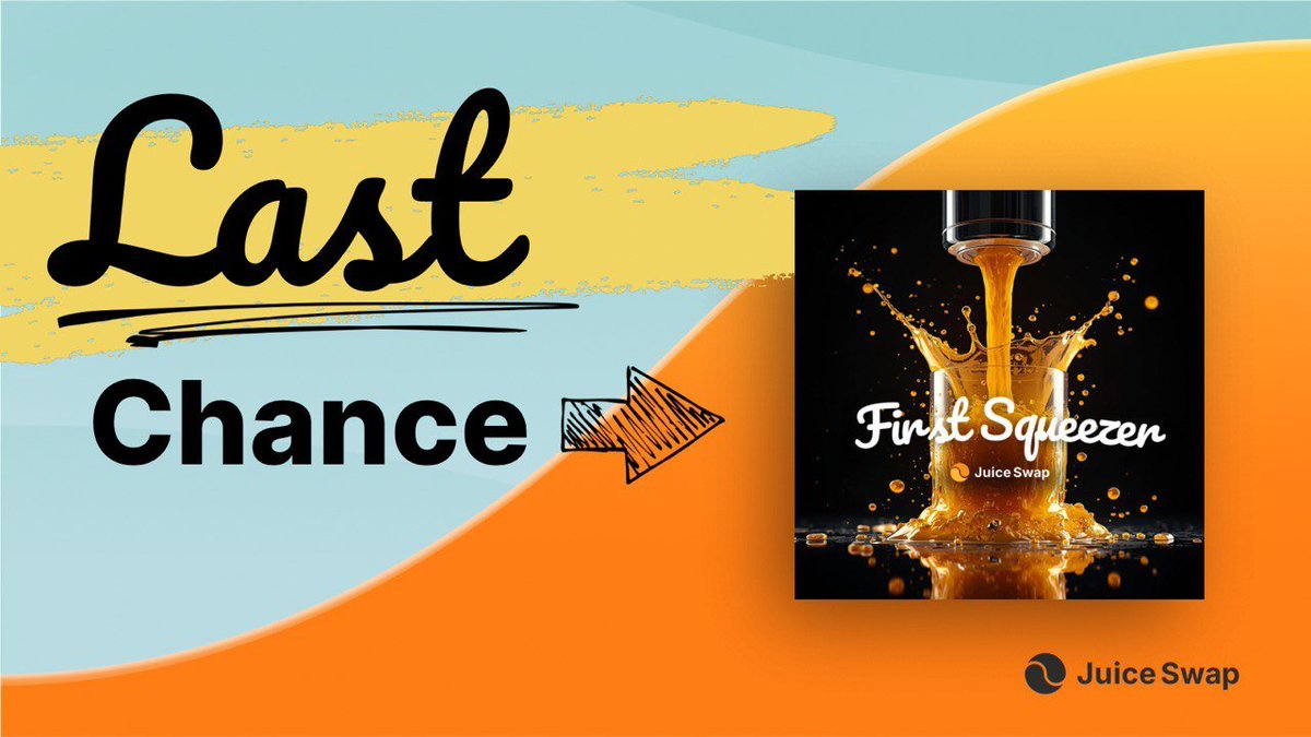 🍊 Less than 12 hours left before the mint closes forever! 🍊

Your NFT comes with future rewards, guaranteed. 👀

Mint ends today, Oct 26 • 23:59 UTC – no extensions!

Grab your spot as an early Squeezer – first supporters will always stand out in the Juice Swap ecosystem. 🧃