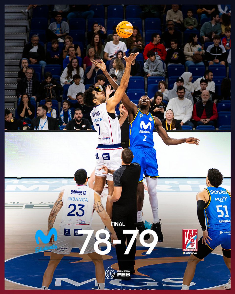 OBRADOIROCAB's tweet photo. FINAAAAAAAL ⏱️

🔵 @movistarestu 78
⚪ #MonbusObradoiro 79

#PrimeraFEB https://t.co/lKUK44lSbC