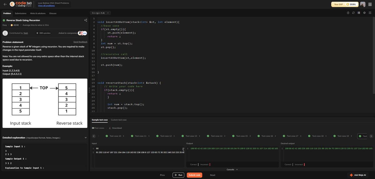 Anurags44798025's tweet image. 🧠 Day 89 — Reverse Stack Using Recursion 
🔥 #Day89OfDSA #RecursionMagic #100DaysOfCode #StackProblems #DataStructures #DSAChallenge #CodeNewbie #CodingJourney #ProblemSolving #CPlusPlus #CodingCommunity #BuildInPublic #CodeLife #TechLearning #CodingNinjas #LeetCode