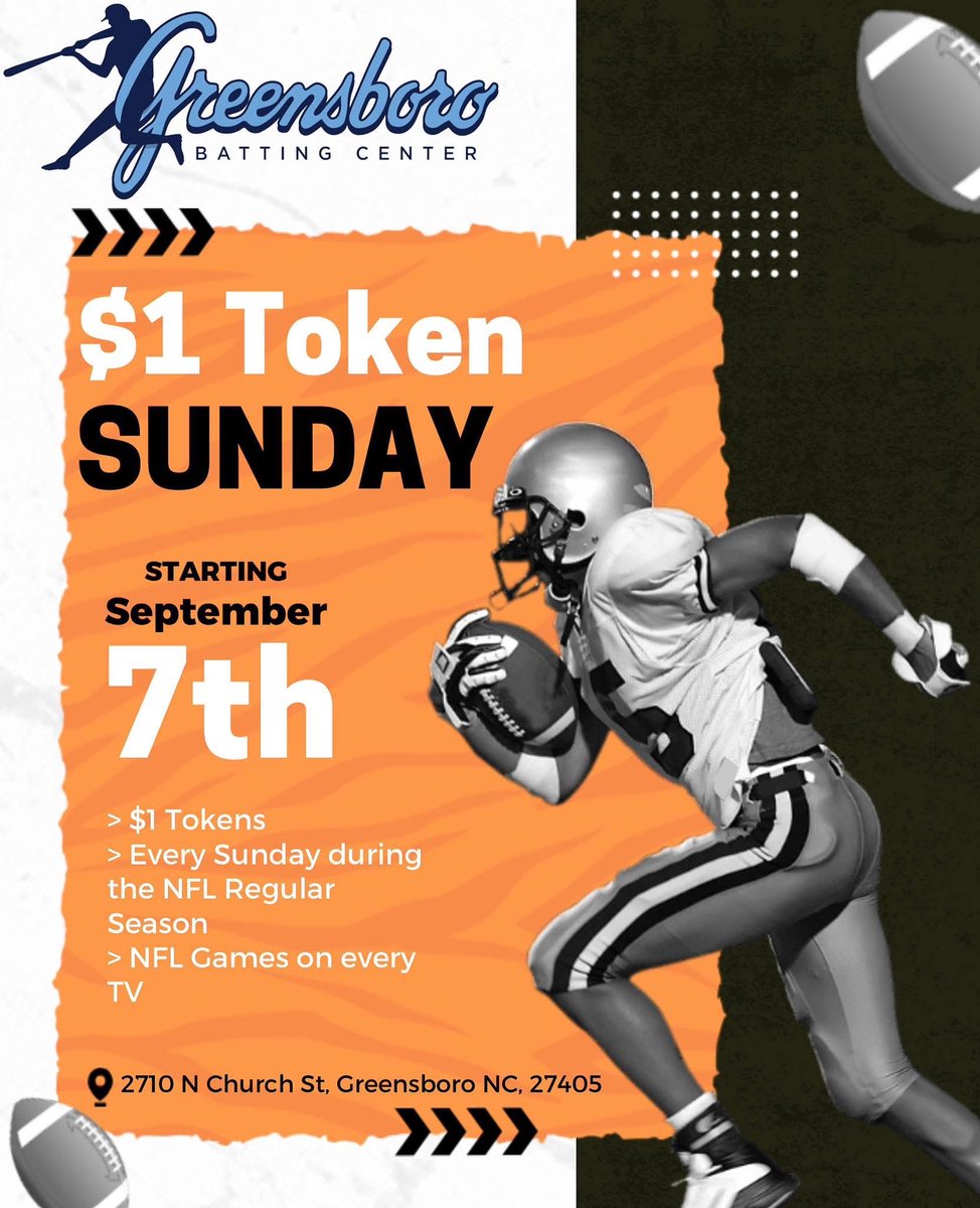Week 8 of The Greensboro Batting Center’s NFL Sunday $1 Token Special begins at 1pm.
Panthers/Bills, Eagles/Giants, Cowboys/Broncos all on GBC TV’s!!
