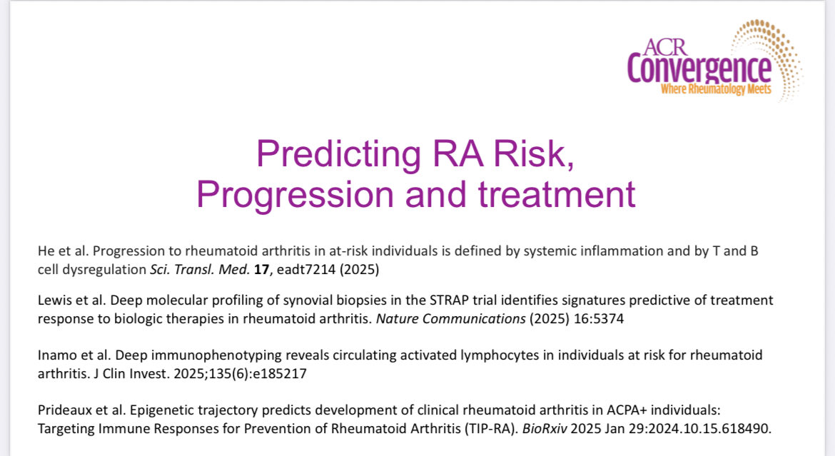 RoxOsler's tweet image. #YearinReview #ACR25 #BasicScience
🔹In ACPA+ individuals at risk of #RA, early immune activation includes effector and TFH T-cell expansion.
🧬 Epigenetic shifts in B and T cells precede clinical conversion.
💊 T-cell activation signature is reversed by abatacept, not by TNFi.