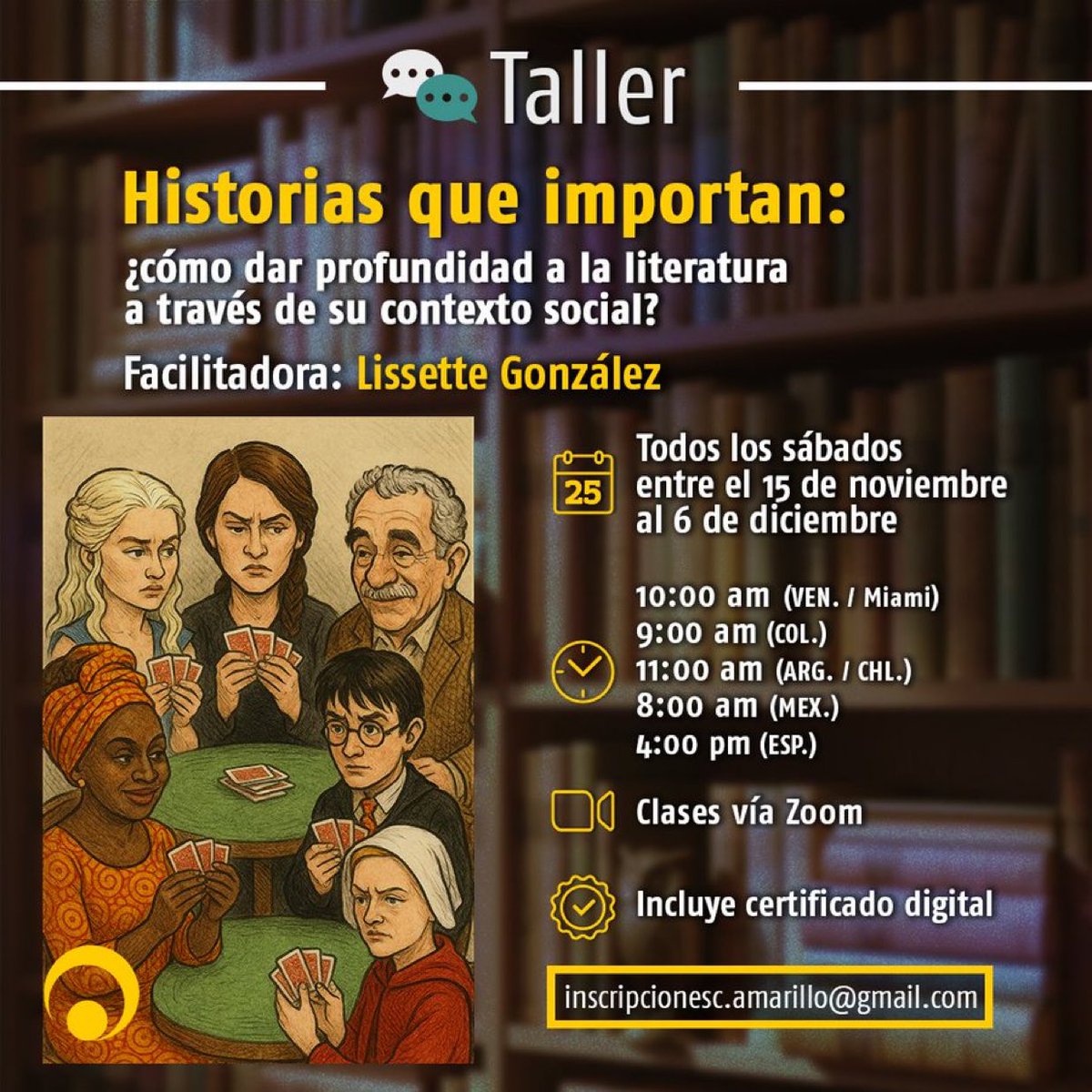 ReporteYa's tweet image. #26Oct #Cursos 
@circuloamarill0: ¡Ya casi cerramos nuestro año de talleres! 

Entre noviembre y diciembre, la socióloga y escritora Lissette González (@LissetteCGA) dictará este taller en cuatro encuentros virtuales y en vivo.

🗓️ Sábados del 15/11 al 6/12.

Reserva tu cupo…