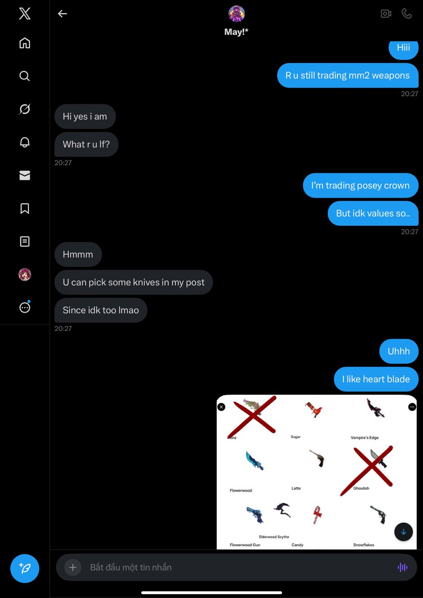 SpaceySock's tweet photo. @Tomaruuy is trusted SO SO mUCH I traded posey crown for mm2 weapons. (Heart blade, ocean, )
P.s : FORGOT THE SS THE MM TRADE SRY (we both low-key DONT know values so DONT judge lmao) https://t.co/VFjiGQyfbr