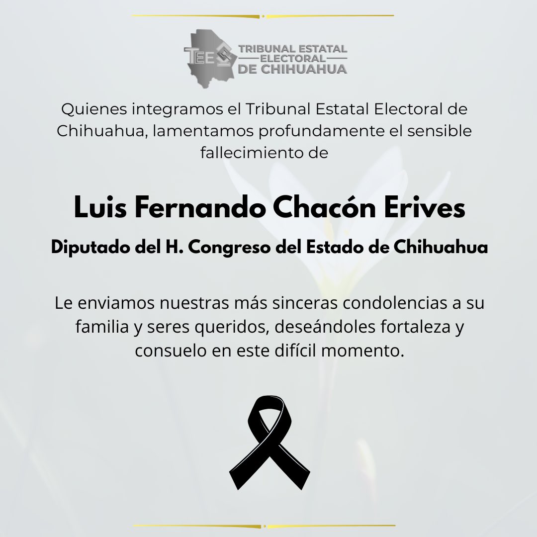 Lamentamos el sensible fallecimiento de Luis Fernando Chacón Erives, Diputado del H. Congreso del Estado de Chihuahua. 

Extendemos nuestro más sentido pésame a su familia y seres queridos. Descanse en paz🕊