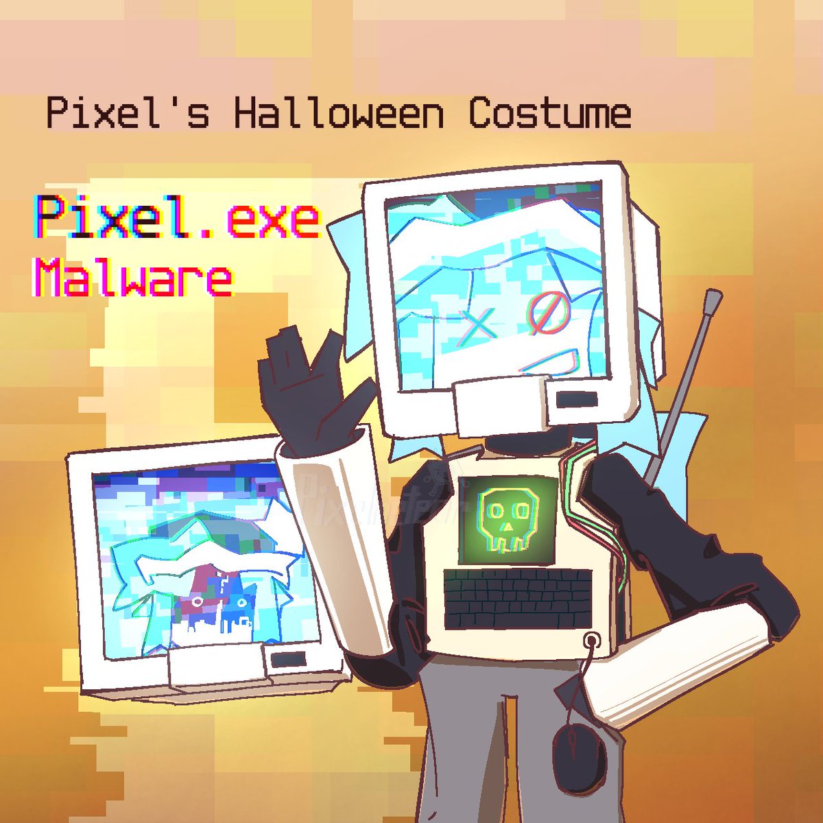 Pixel_LastCore's tweet image. Pixel in a Halloween costume. He so glitchy