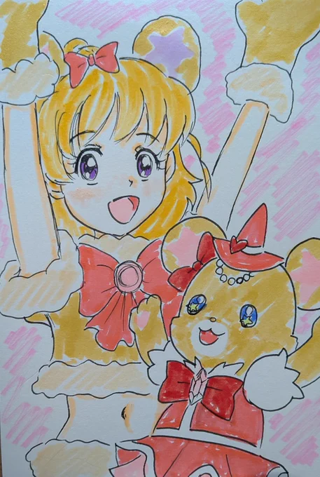 #プリキュア版深夜の真剣お絵描き60分一本勝負 お題「朝日奈みらい」「モフルン」 今から9年前のまほプリのハロウィン回、みんな色々な格好してたけど、みらいとモフルンだけ衣装交換だったの印象的だった。