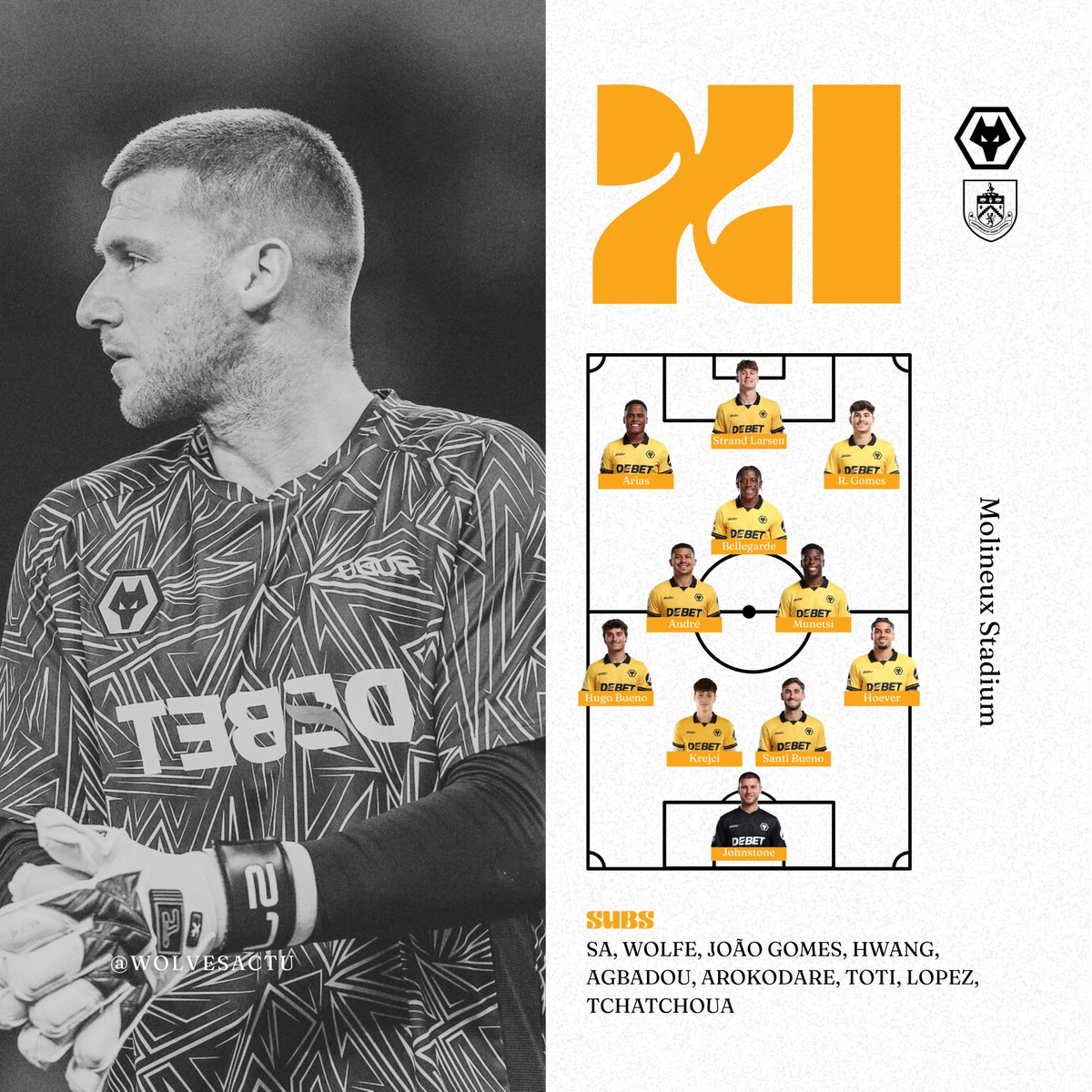 La composition des loups 🐺 face à Burnley.

ℹ️ La charnière Santi Bueno - Krejci se dessine. Hoever titulaire à droite (catastrophe). Rodrigo Gomes enchaîne une deuxième titularisation. João Gomes débute sur le banc.

#WOLBUR | #WWFC | #Wolves