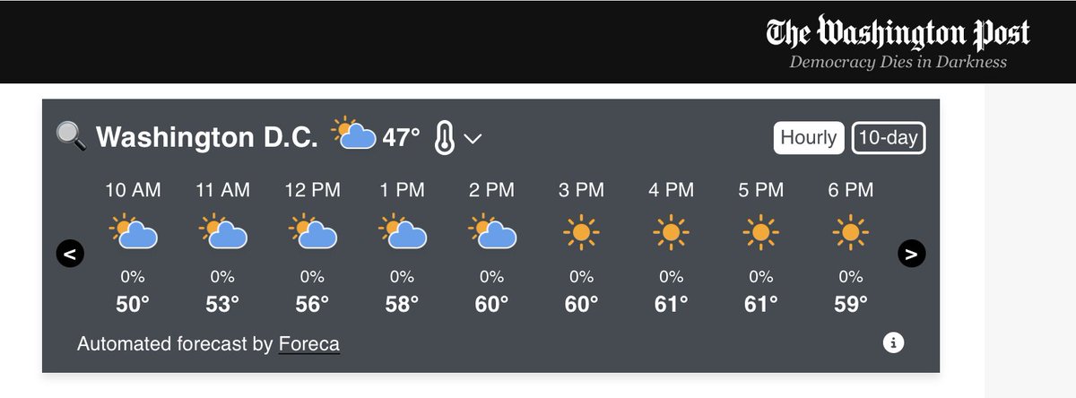 153 years of global warming down the drain. WaPo <a href="/capitalweather/">Capital Weather Gang</a> forecasts a high of 61°F for WashDC today.  That will be:      

1. 6°F cooler than the high for October 26, 1872 and 17° cooler than it was 150 years ago on Oct. 26 from 1875;   

2. 21°F cooler than the calendar