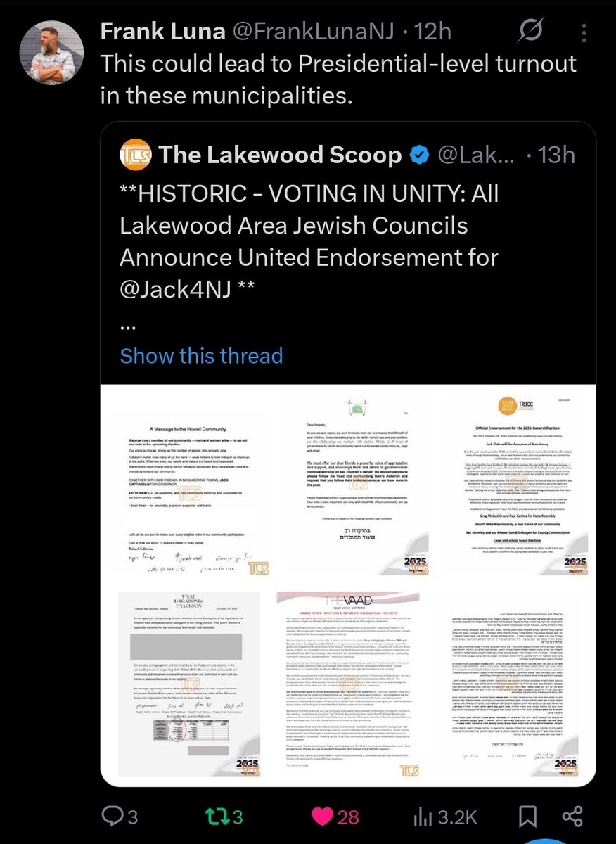 I live in Ocean County, NJ and I can tell you the momentum is real. You will see close to 2024 turnout. Very few pollsters understand this area of NJ. It might as well be Alabama. Rs have enthusiasm in this Governors race.