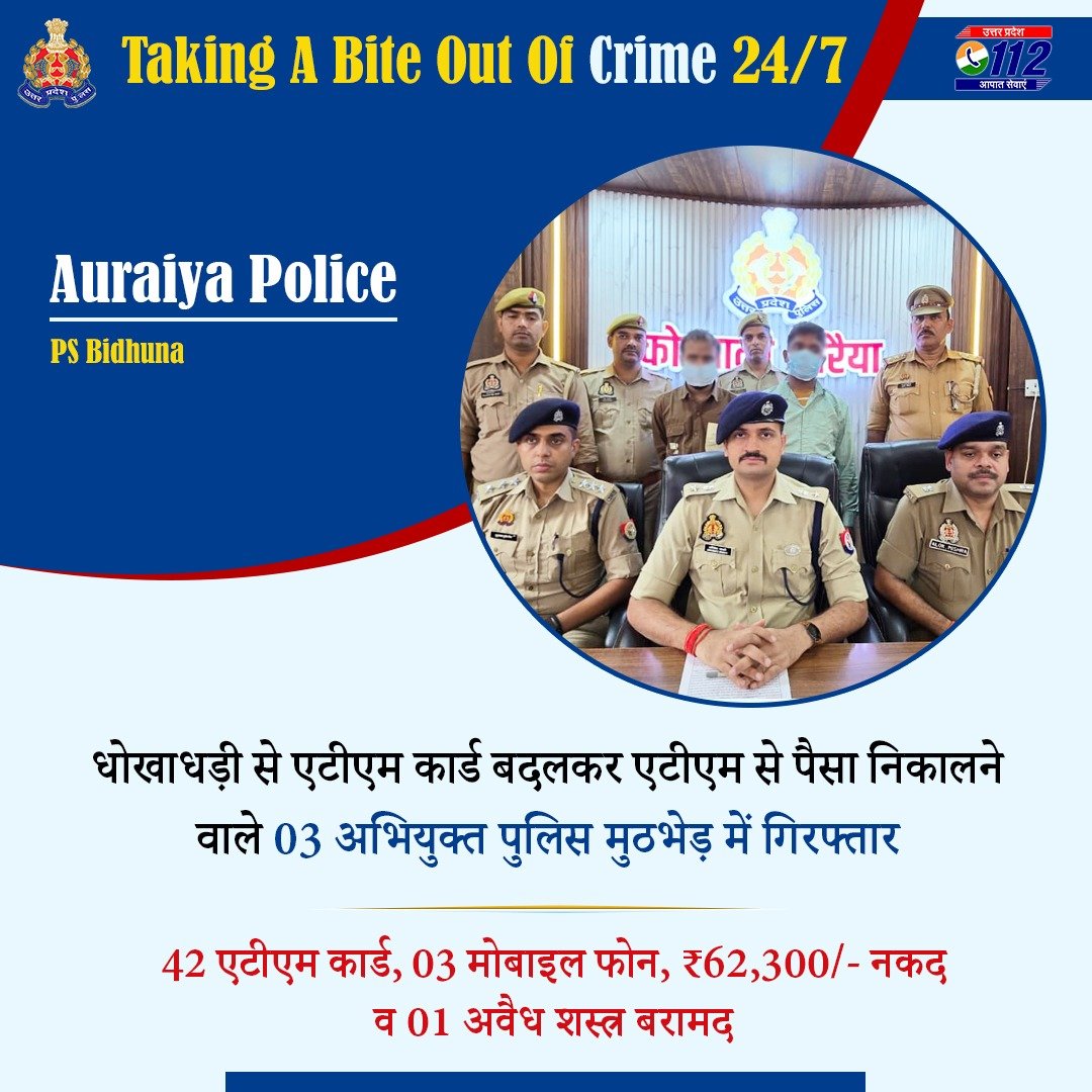 Uppolice's tweet image. A(rresting) T(he) M(ischiefs)        

एटीएम मशीन से पैसा निकालने आए लोगों को गुमराह कर उनका एटीएम पिन जानने के पश्चात् एटीएम कार्ड बदलकर पैसा निकालने वाले गिरोह के 03 अभियुक्तों को @auraiyapolice द्वारा गिरफ्तार करते हुए उनके कब्जे से 42 एटीएम कार्ड, 03 मोबाइल फोन, ₹62,300/-…