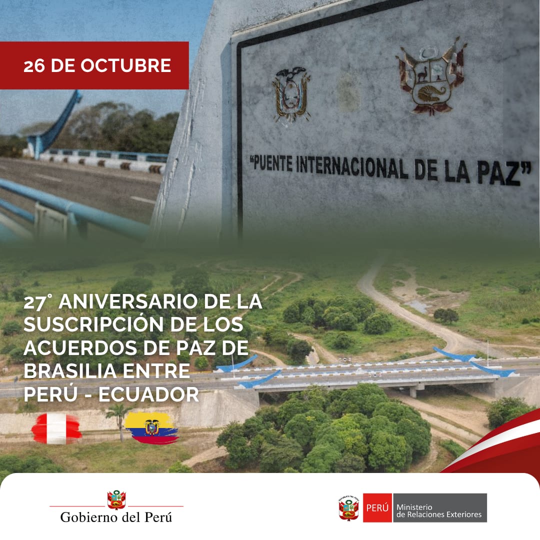 CancilleriaPeru's tweet photo. Hoy conmemoramos el 27° Aniversario de la suscripción de los Acuerdos de Paz de Brasilia de 1998, hito que marcó el inicio de una renovada etapa de nuestra relación bilateral con el Ecuador, sustentada en la confianza y en el desarrollo e integración de nuestros pueblos 🇵🇪🤝🇪🇨 https://t.co/yAaWS30yNM