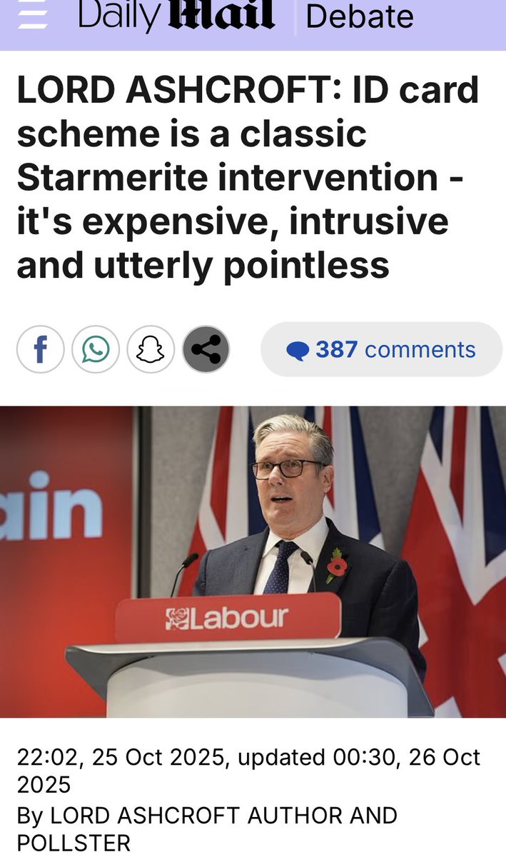 ID card scheme is a classic
Starmerite intervention - it's expensive, intrusive and utterly pointless - Lord Ashcroft has missed out that the ‘point’ of them is precisely to surveil &amp; control

One Login is major issue

I’ll be talking to <a href="/TVKev/">Kevin O'Sullivan</a> Monday 920am <a href="/TalkTV/">Talk</a> about this &amp;