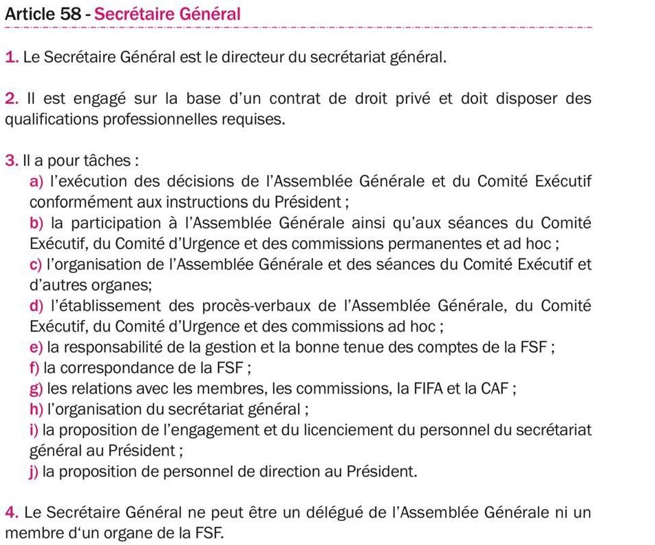 La nomination de  Abdoulaye Saydou Sow au poste de Secrétaire Général de la Fédération Sénégalaise de Football  constitue une violation flagrante des dispositions statutaires régissant ladite fédération, en particulier l’article 58, alinéa 4, qui dispose de manière explicite :  «