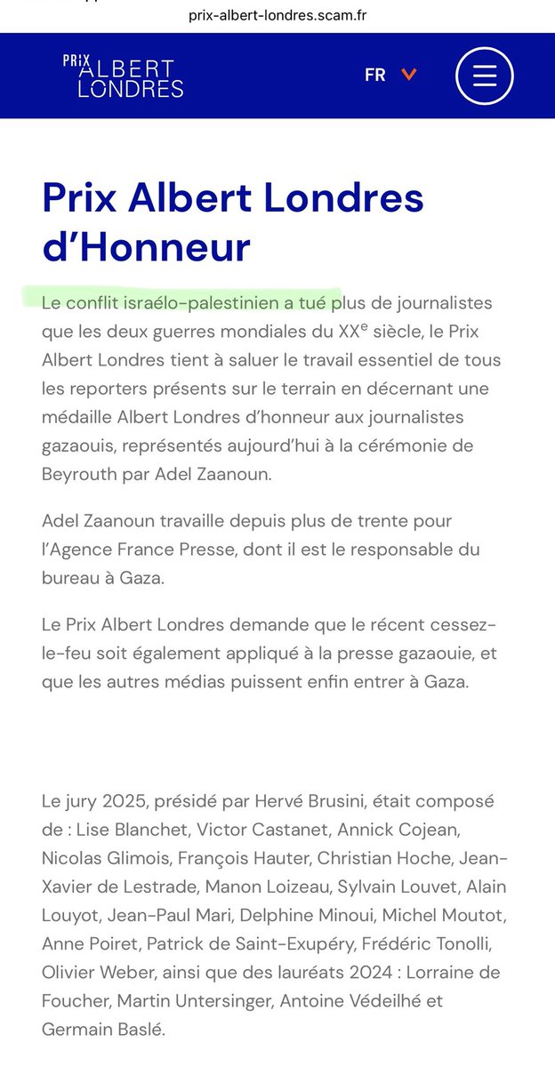 Elodie Safaris (@avriogata) on Twitter photo Je ne sais pas qui rédige les communiqués <a href="/albert_londres/">Prix Albert Londres</a> mais on atteint quand même des sommets.
Et je suis pas certaine que les médailles d'honneur puissent compenser ce genre de choses car dans cette formulation honteuse, c'est tout le traitement média de Gaza qui rejaillit Je ne sais pas qui rédige les communiqués <a href="/albert_londres/">Prix Albert Londres</a> mais on atteint quand même des sommets.
Et je suis pas certaine que les médailles d'honneur puissent compenser ce genre de choses car dans cette formulation honteuse, c'est tout le traitement média de Gaza qui rejaillit