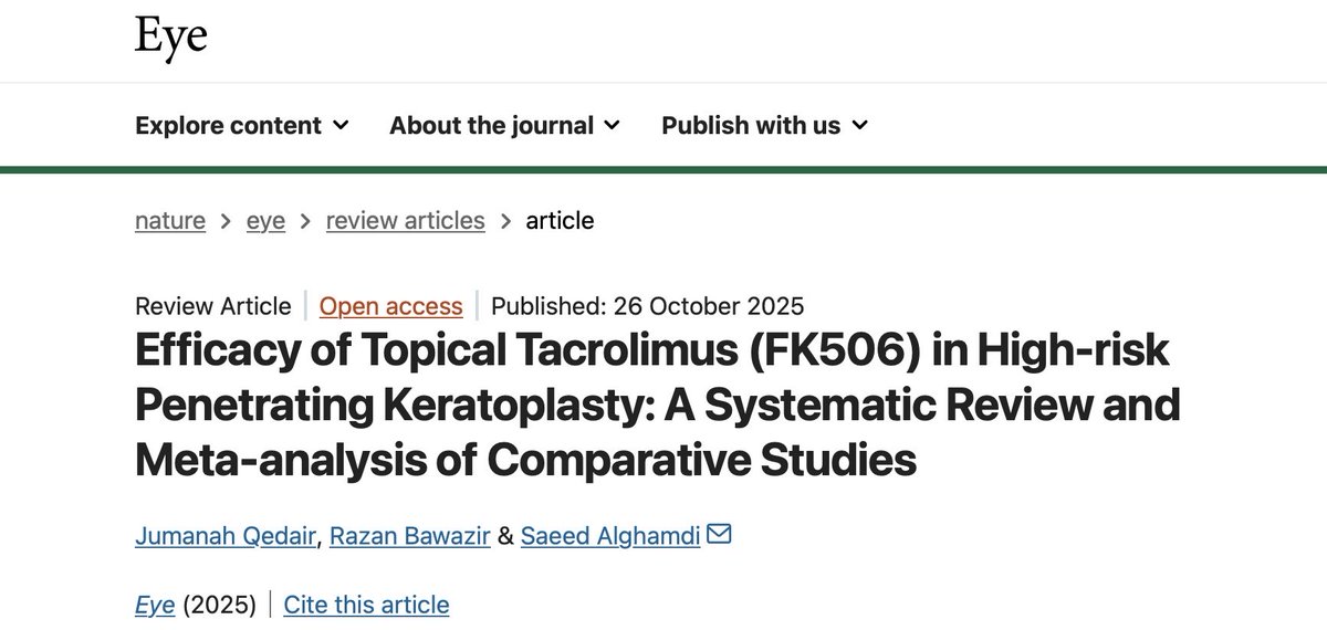 Our paper is now out in Eye (<a href="/Eye_Journal/">Eye Journal</a>) by <a href="/RCOphth/">Royal College of Ophthalmologists</a>! 

Adding tacrolimus to steroids could help reduce the risk of graft failure in high-risk PKP cases compared with steroids alone.

Check it out: nature.com/articles/s4143…