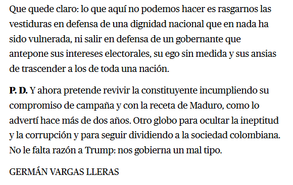 Yo le ampliaria a lo dicho por <a href="/German_Vargas/">Germán Vargas Lleras</a> que si bien la dignidad nacional no ha sido vulnerada, la dignidad presidencial (forma en que un presidente ejerce el cargo con respeto, honor e integridad) ha sido arrastrada por el piso por el guerrillero adicto.