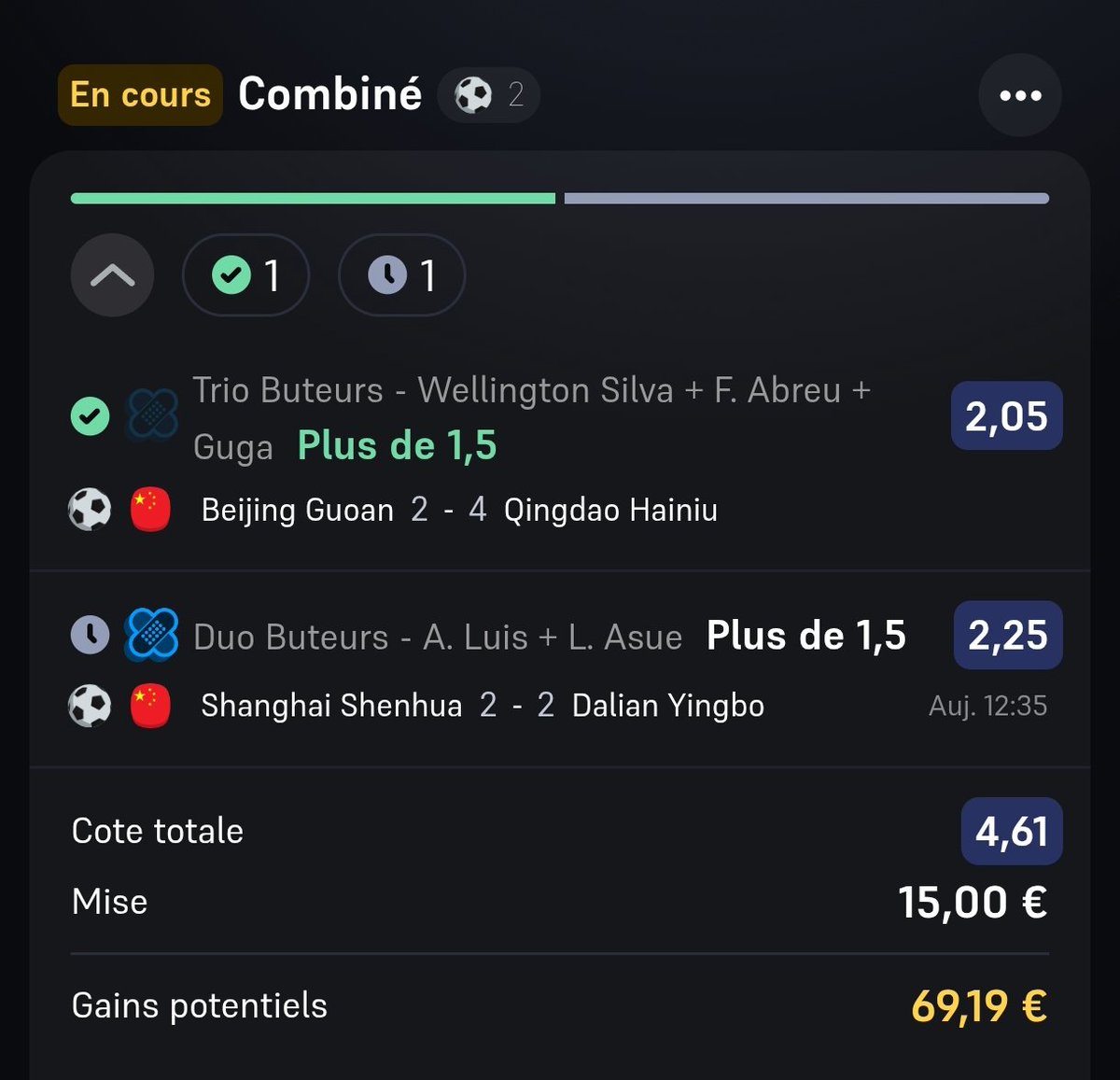 BetClem_'s tweet photo. On encaisse tous de même le combiné fun en super league 🇨🇳👇
@2.69✅
20€ ➡️ 53.80€✅

Dommage pour le super fun avec le trio buteur Shangai se réveille trop tard!

💚 Si tu soutiens 
#TeamParieur https://t.co/5dsz0bkS2w