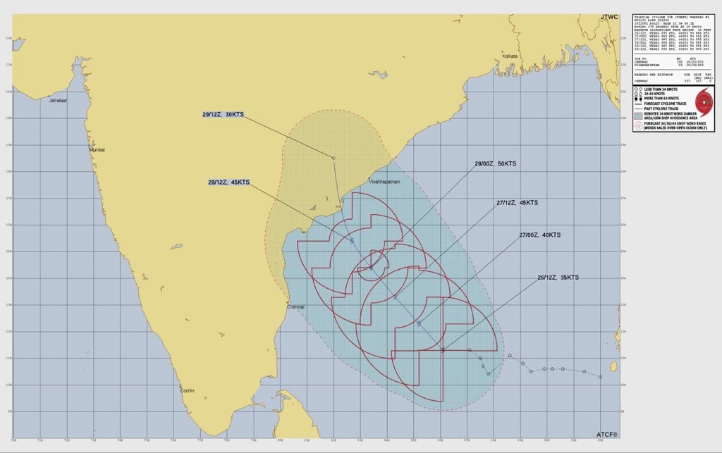 JW_Chennai's tweet photo. 🌀 #CycloneMondha Update | JTWC Track Out!
#03B Tropical Cyclone Alert
The latest JTWC bulletin shows the system moving westward in the past 6 hrs.
Tracking its next move closely 🌧️
#ChennaiRains #NEM2025 https://t.co/2V9eEaXhKd