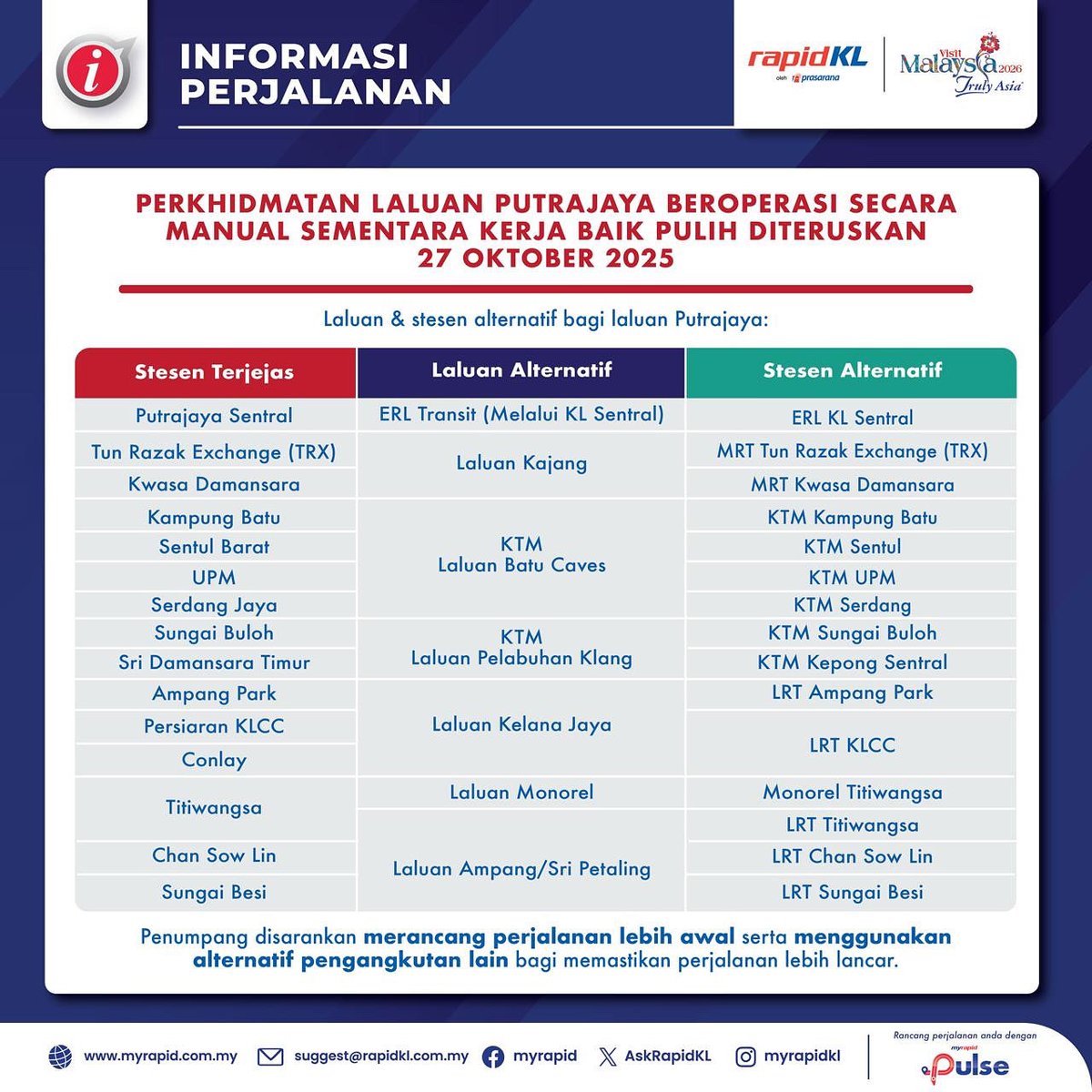 askrapidkl's tweet photo. Penumpang Laluan Putrajaya disarankan untuk menggunakan laluan alternatif bagi meneruskan perjalanan ke destinasi yang ingin dituju. https://t.co/4tGxvaBPhc