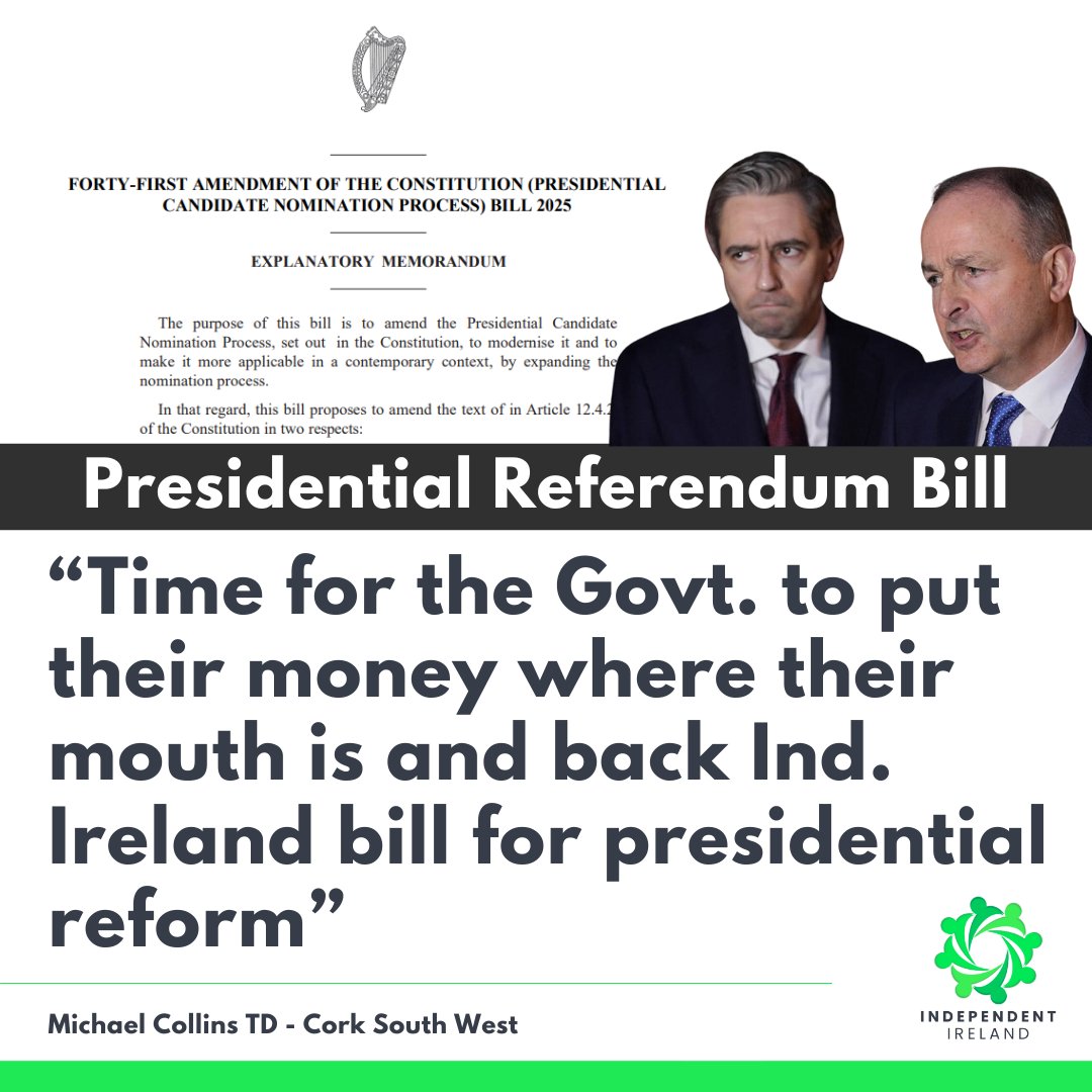 Michael Collins TD: “Time for the Government to put their money where their mouth is and back Independent Ireland bill for real democratic reform”

Independent Ireland leader Michael Collins TD has called on the Government to support his party’s Bill for constitutional change in
