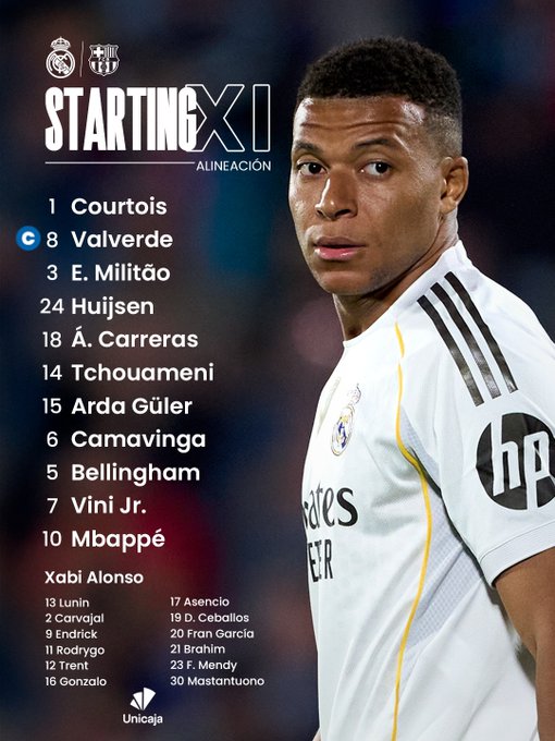 Graphic with Real Madrid crest at top showing starting XI for match against FC Barcelona. Player photos include Thibaut Courtois in goal Eder Militao and David Alaba in defense Federico Valverde and Aurelien Tchouameni in midfield Jude Bellingham and others in forward positions. Bench players listed below with numbers like 13 Gonzalo and 23 Mendy. Unicaja Banco sponsor logo at bottom.