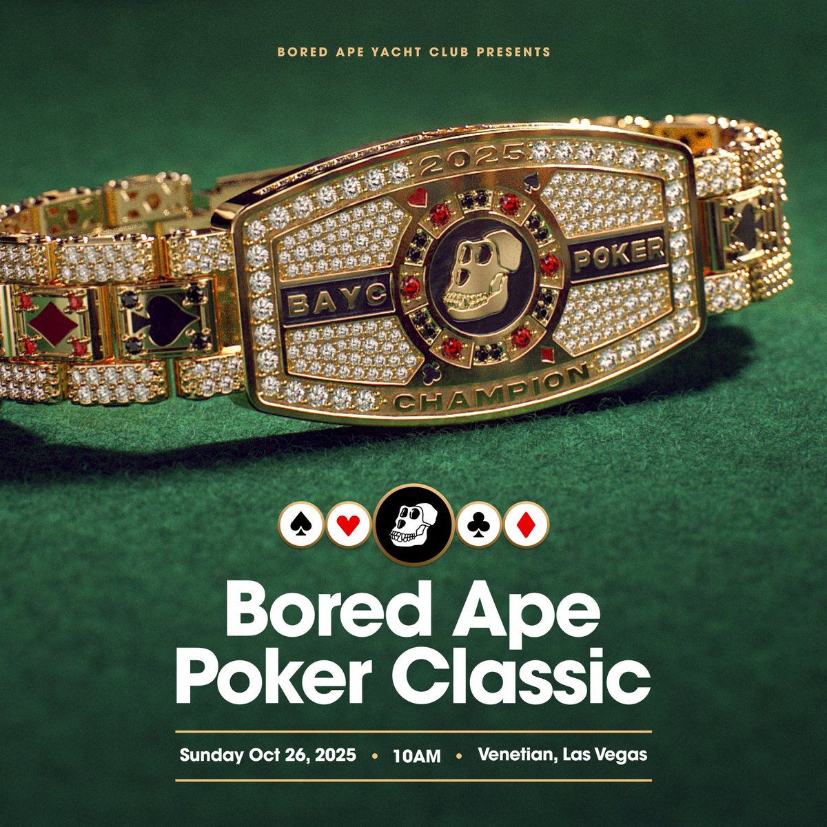 BoredApeYC's tweet image. Remember: No crying in the casino.
Check-in for the The Bored Ape Poker Classic starts at 9:30AM at The Venetian Poker Room.