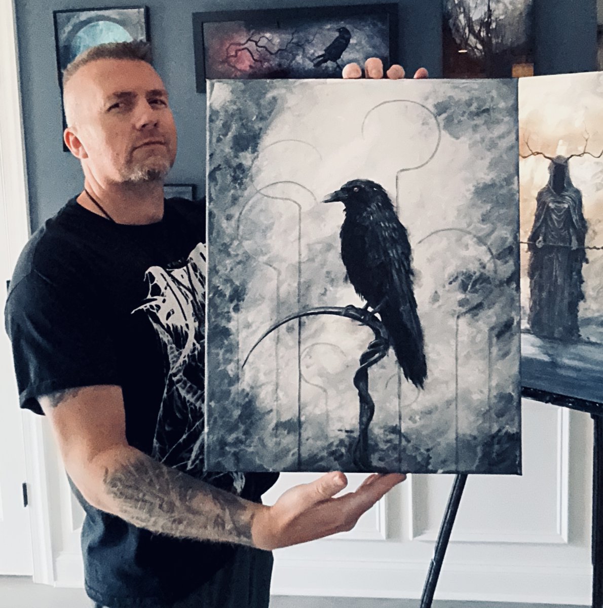 J Edward Neill (@jedwardneill) on Twitter photo Since we're already on the subject of ravens, I'd like to share my newest. 
It's utterly black and white...except for one tiny droplet of crimson. 
'Sentry of the Scythe' Since we're already on the subject of ravens, I'd like to share my newest. 
It's utterly black and white...except for one tiny droplet of crimson. 
'Sentry of the Scythe'