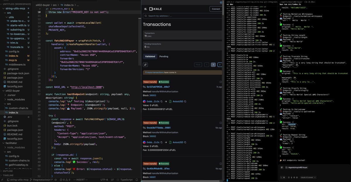 TheGreatAxios's tweet image. A solid start to the morning w/ x402
- String Utils API & MCP Updated with a dozen+ string utilities
- Linked to @devbydirtroad x402 facilitator
- Fully x402 enabled with SKALE Testnet + AxiosUSD (non USDC ERC-3009 token)