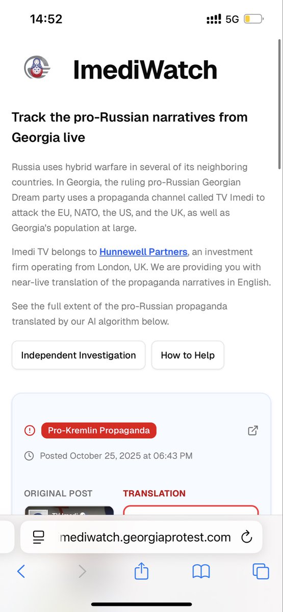 DavitJi's tweet photo. We have just created ImediWatch - an AI tool that tracks and translates Russian propaganda from the infamous TV Imedi channel. Hopefully, this will help fasten the decisions to sanction TV Imedi and other propaganda channels. Link: https://t.co/jdH1D6jqj3 https://t.co/7a2Xi7AYZe