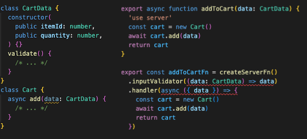 schanuelmiller's tweet image. Functions win over directives when it comes to typesafety.
With react's "use server", you need to **know** which types are allowed as input and output types.
In TanStack Start you get TypeScript errors when input or output types are not serializable.
A contrived example: