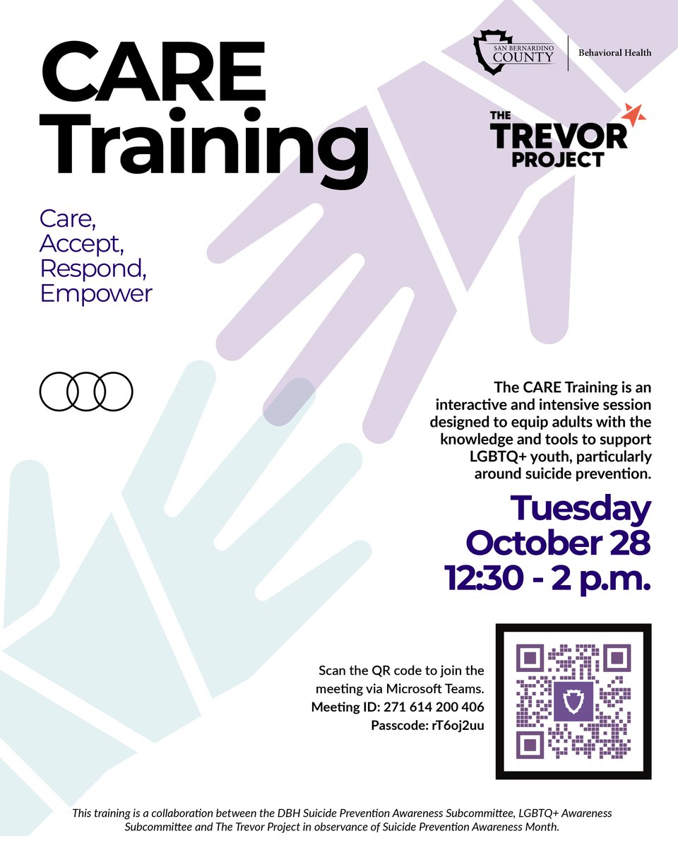 sbcdbh's tweet image. Connect • Accept • Respond • Empower
Join us Oct. 28, 12:30–2 PM for a CARE Training Webinar on supporting LGBTQ+ youth and preventing suicide. Learn warning signs, stressors, and how to create safe, affirming spaces.
Join the meeting here:
🔗 ow.ly/rfMe50XhQs8
