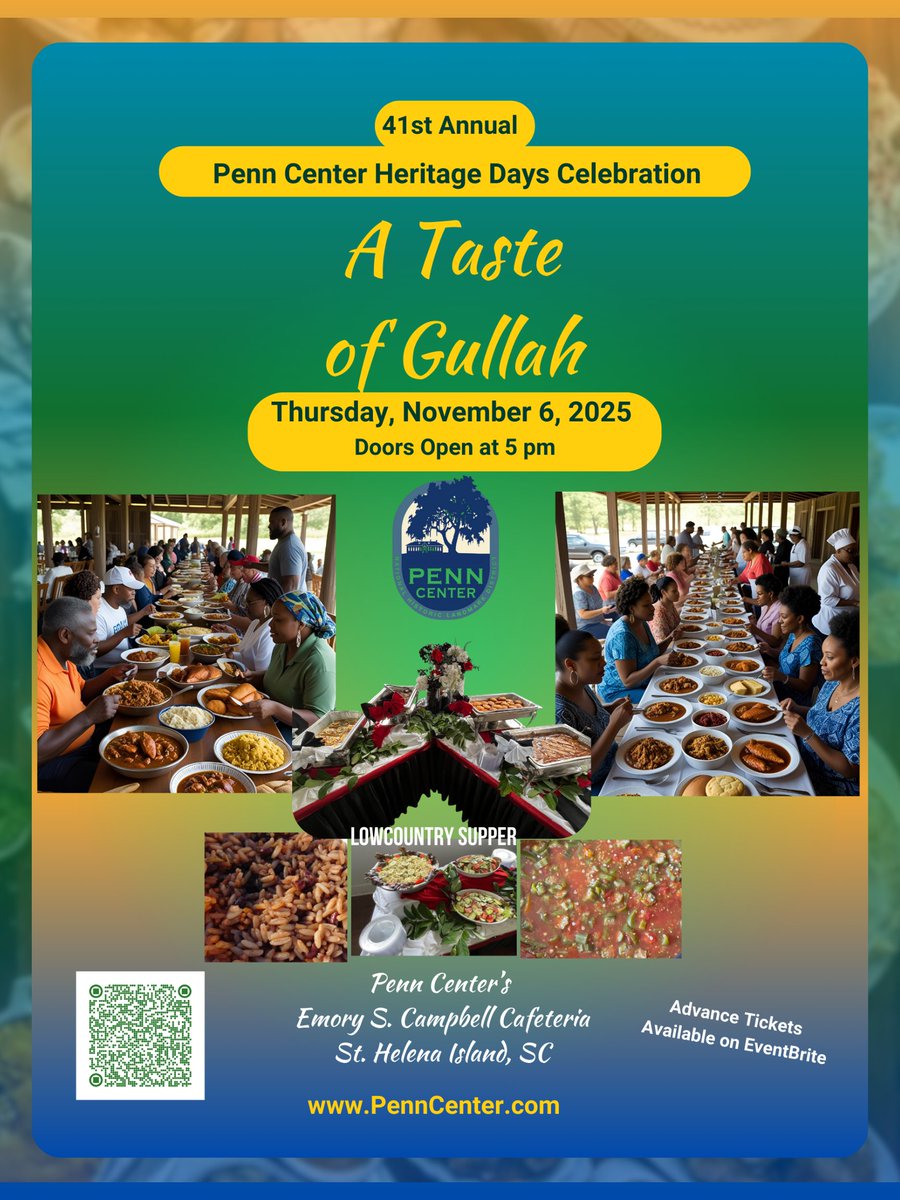 Don't miss "A Taste of Gullah Lowcountry Supper" at the <a href="/PennCenter1862/">Penn Center</a>  Heritage Days Celebration 2025 on Thursday, November 6, 2025.  Obtain advance VIP tickets on EventBrite:

eventbrite.com/e/162528241645…

PennCenter.com