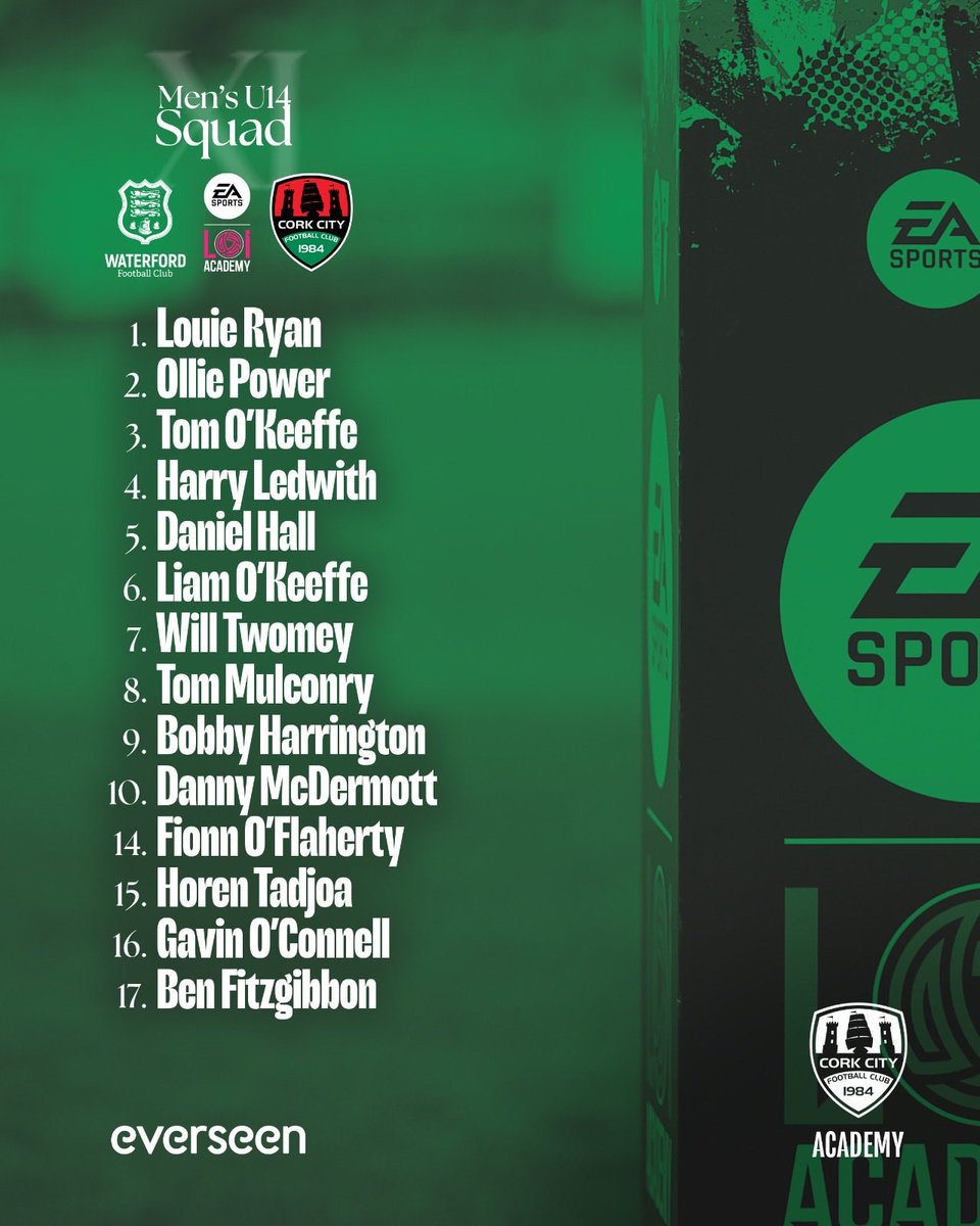 MU14 📝

Here’s this afternoon’s MU14 squad for the game against Waterford at SETU Arena!

#CCFCAcademy