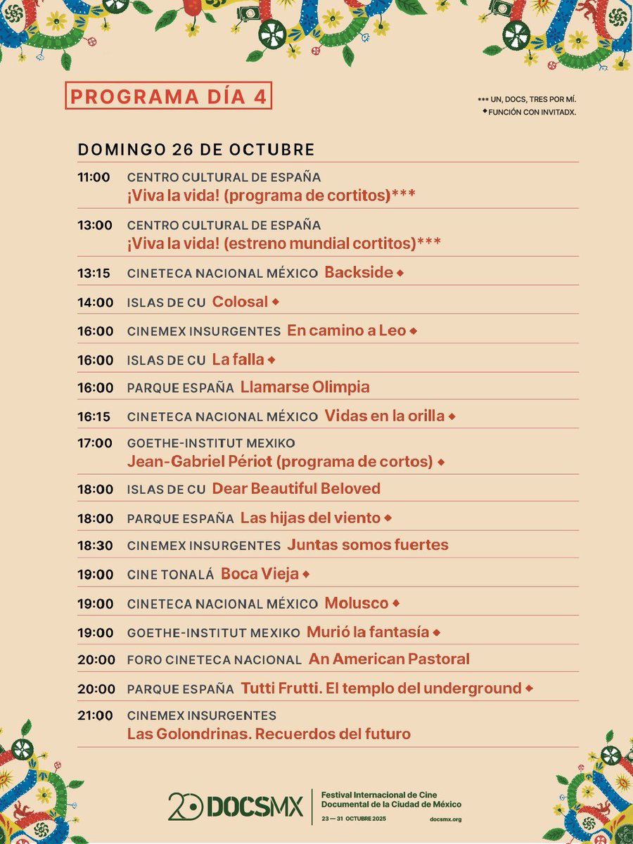 ¿Plan domingo? Te dejamos las funciones del #20DocsMX en su cuarto día de jornada.

Visita linktr.ee/20docsmx para ver toda la información de los documentales.