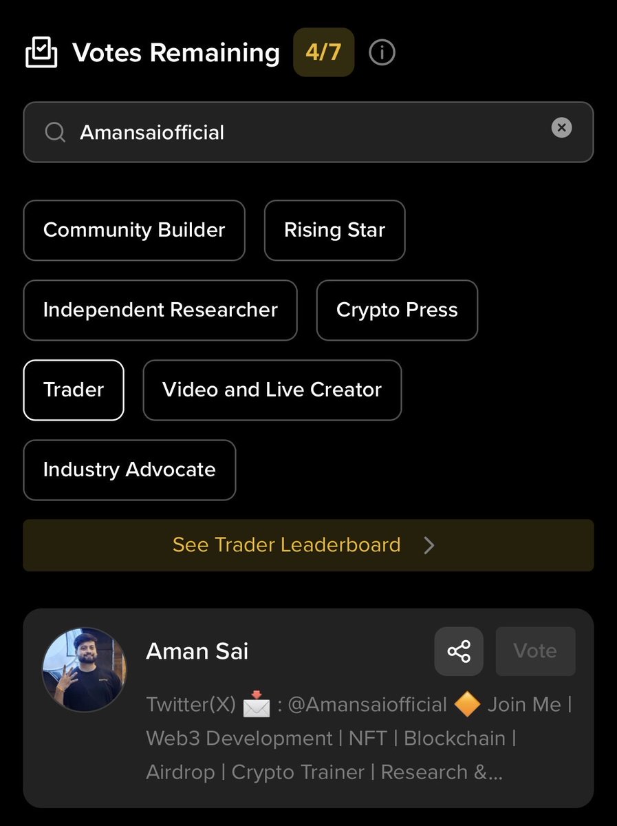 amansaiofficial's tweet image. Support me  Vote Me  👍

app.binance.com/uni-qr/cact25u…)  👍

🚀 Support My Trading Journey! 🚀

If you enjoy my content and trading analysis, your support means the world to me!
Help me level up by casting your vote on Blockchain 100 (#Binance  )

🗳️ Vote for: Aman Sai
Every vote…