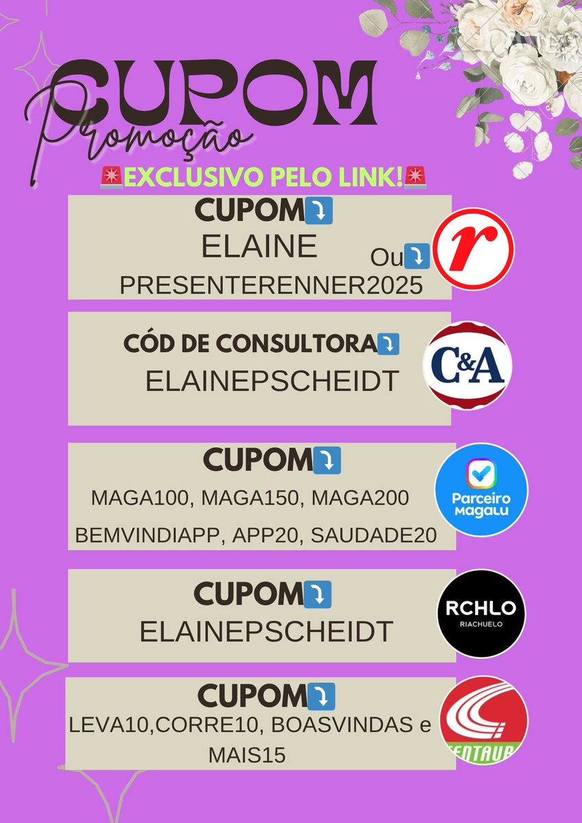 cupomdalaine's tweet image. Cupom de DOMINGO🎉
Renner: tidd.ly/3TyddBs
Cea c&a: minhacea.cea.com.br/?lcea=Nzc2MTRf…
Riachuelo: tidd.ly/47bGTvT
Magalu Magazine Luiza: magazineluiza.onelink.me/589508454/yp5l…
Centauro: tidd.ly/3L6JJto
Use o cupom + link acima ⬆️