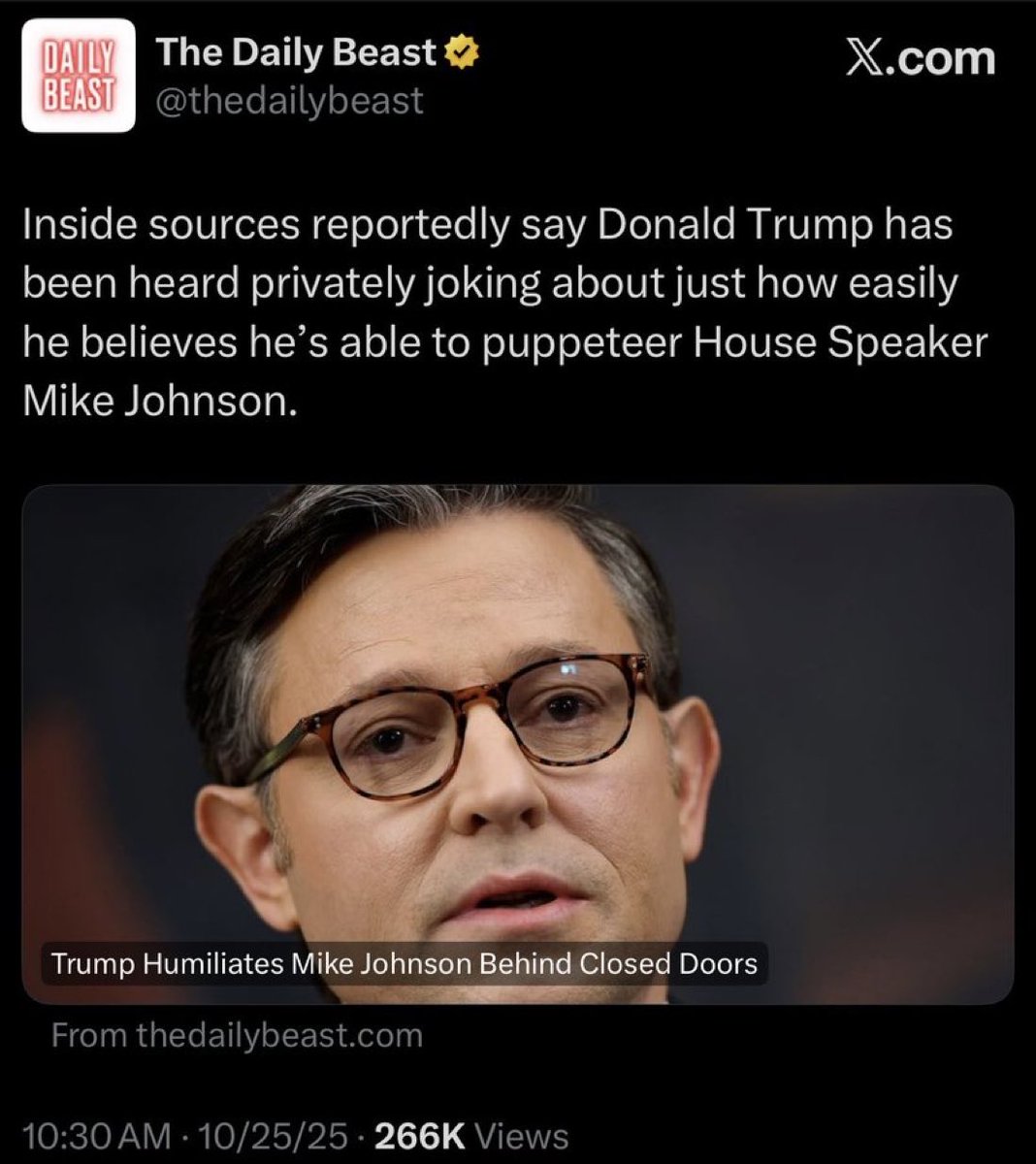 The sky is blue.
Bears shit in the woods. 
Trump is in the Epstein Files. 
Johnson is the worst Speaker in history.