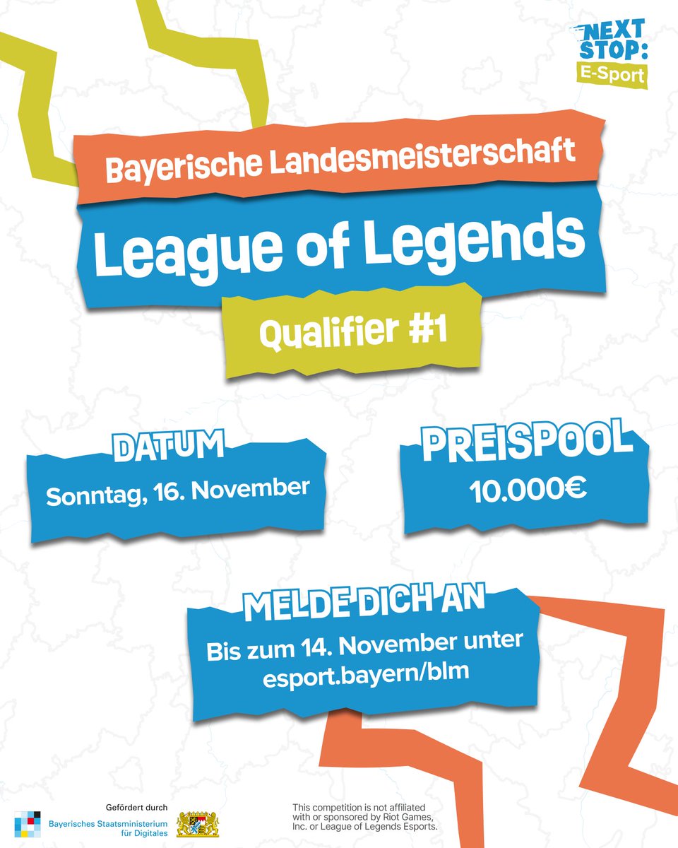 Nicht vergessen: Anmeldung für den ersten Qualifier der Bayerischen LoL-Landesmeisterschaft ist offen! 🔥

Am 16.11.25 starten wir mit dem ersten Qualifier!

➡️Infos: esport.bayern/blm/
ℹ️Anmeldungen sind nun hier möglich: play.toornament.com/de/tournaments…