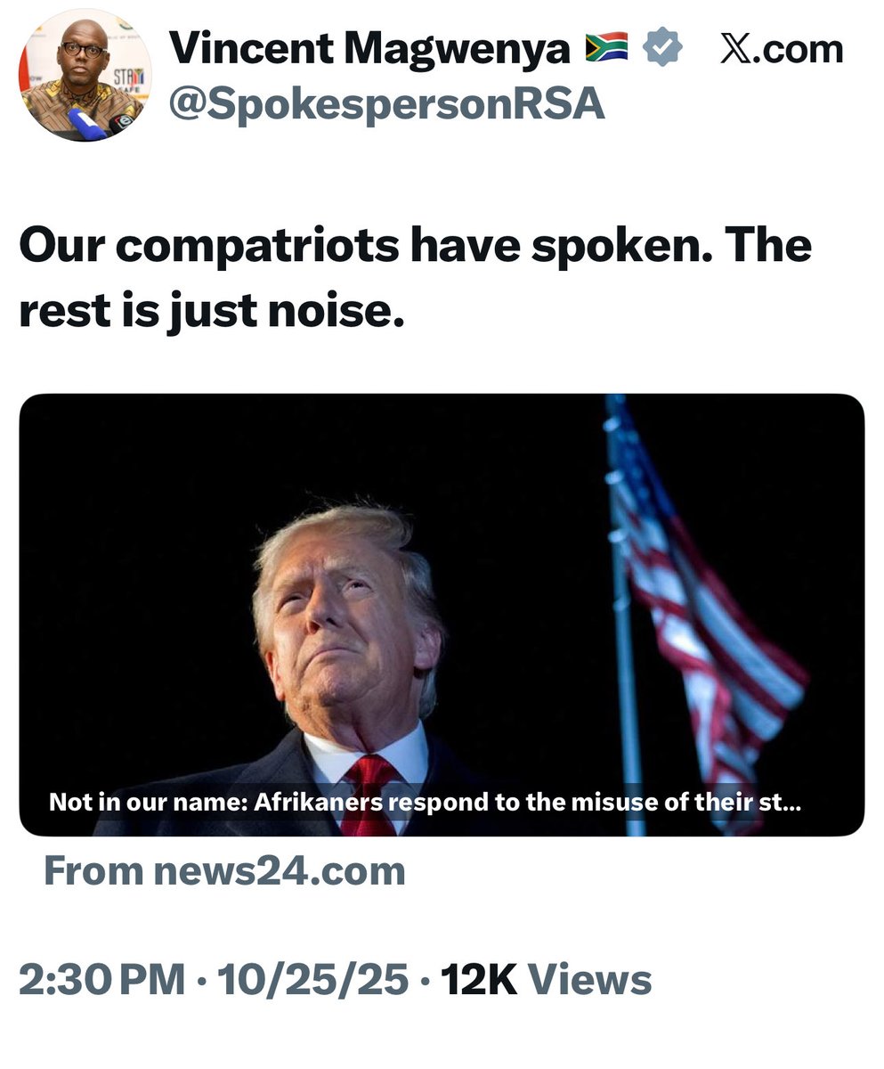 Ek hoef niks verder te sê nie. Die ANC is baie bly oor die verklaring van 40 Afrikaners. Die President se woordvoerder noem hulle: compatriots.

ANC WELCOMES THE “NOT IN OUR NAME” DECLARATION BY FREEDOM-LOVING AFRIKAANS-SPEAKING
SOUTH AFRICANS