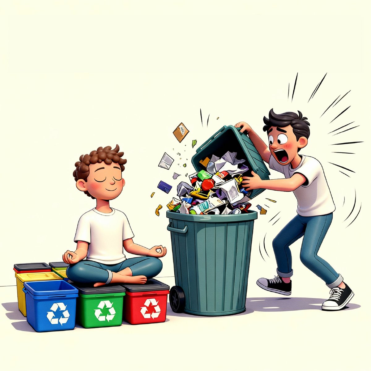 Denariusdenr's tweet image. Me separating trash perfectly at home:
Neighbor throws everything in one bin
Existential crisis intensifies 
#WasteSegregation #EcoHumor #ThinkGreen #SustainableLiving #RecycleRight #GreenLife #PlanetProblems